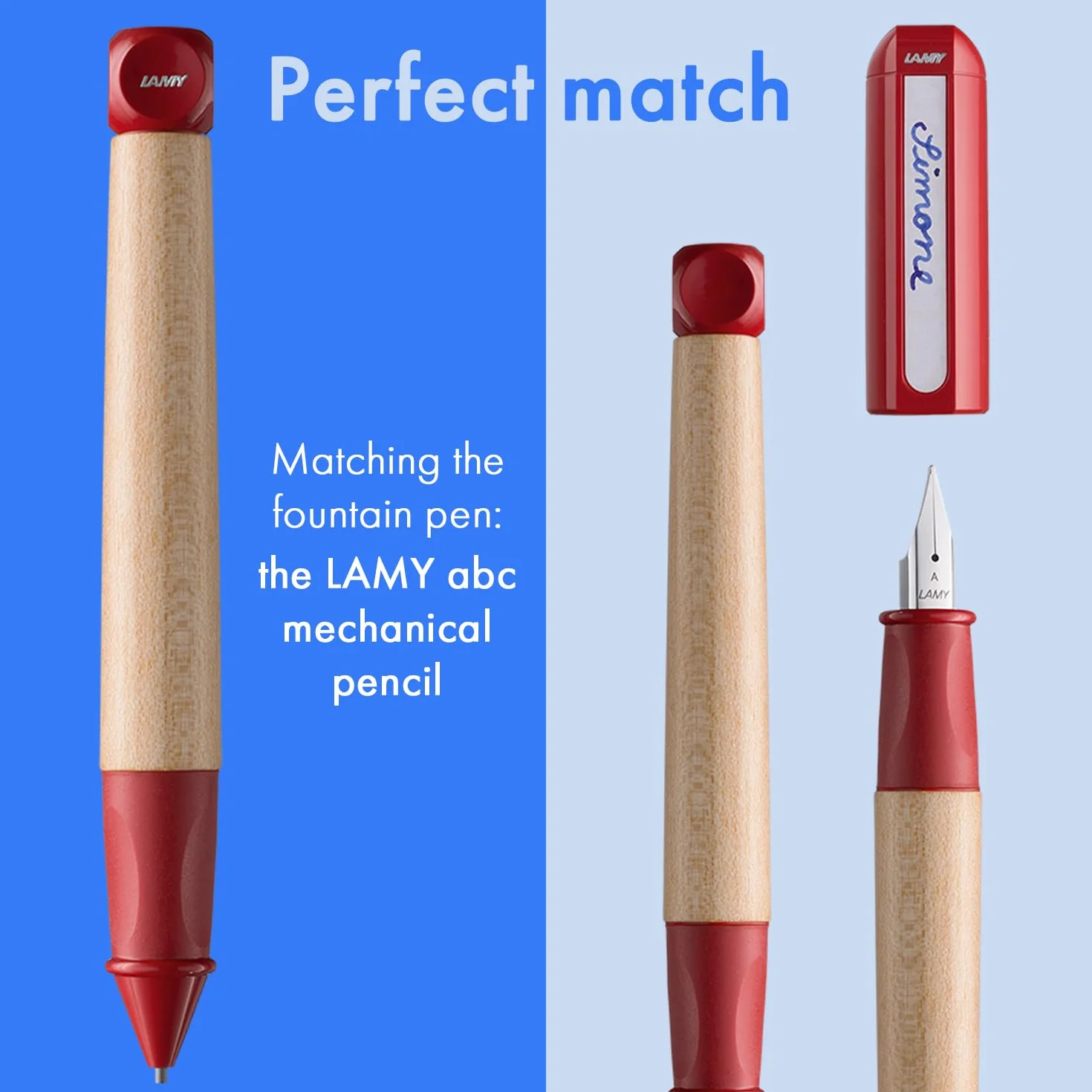 LAMY ABC Red - Przyjazne dla dzieci pióro wieczne do pisania dla początkujących z ergonomicznym uchwytem i polerowaną stalówką ze stali leworęcznej (LH) w rozmiarze M - wytrzymałe drewno klonowe - w