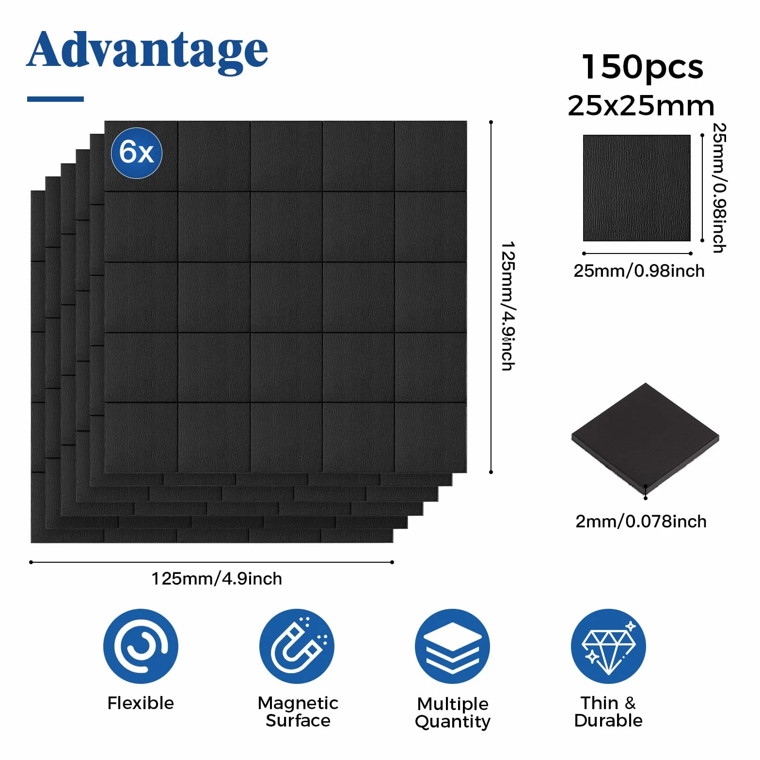 Wukong 25 x 25 mm Płyty magnetyczne samoprzylepne, opakowanie 150 sztuk, klej 3M, magnesy samoprzylepne, płaskie magnesy, elastyczna taśma magnetyczna, samoprzylepne do zdjęć i nie tylko