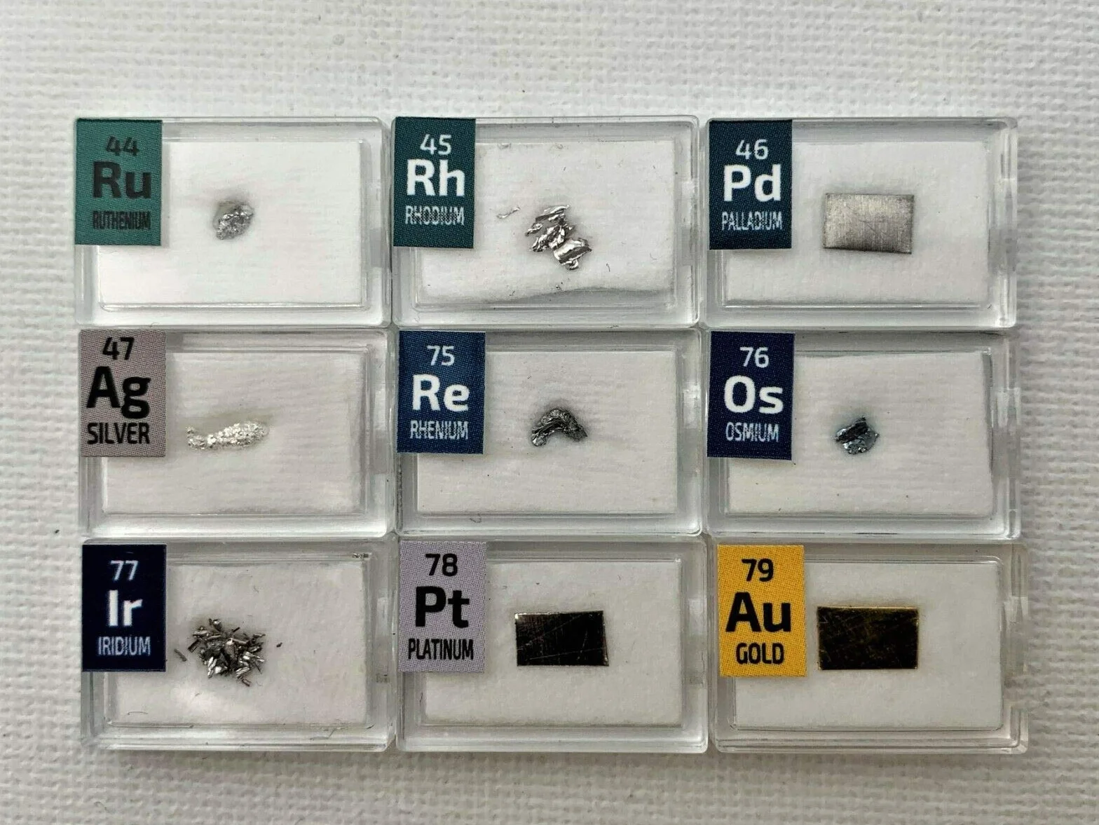 Zestaw 1 ziarna metali szlachetnych ruten, rod, pallad, osm, iryd, platyna, złoto, srebro, ren