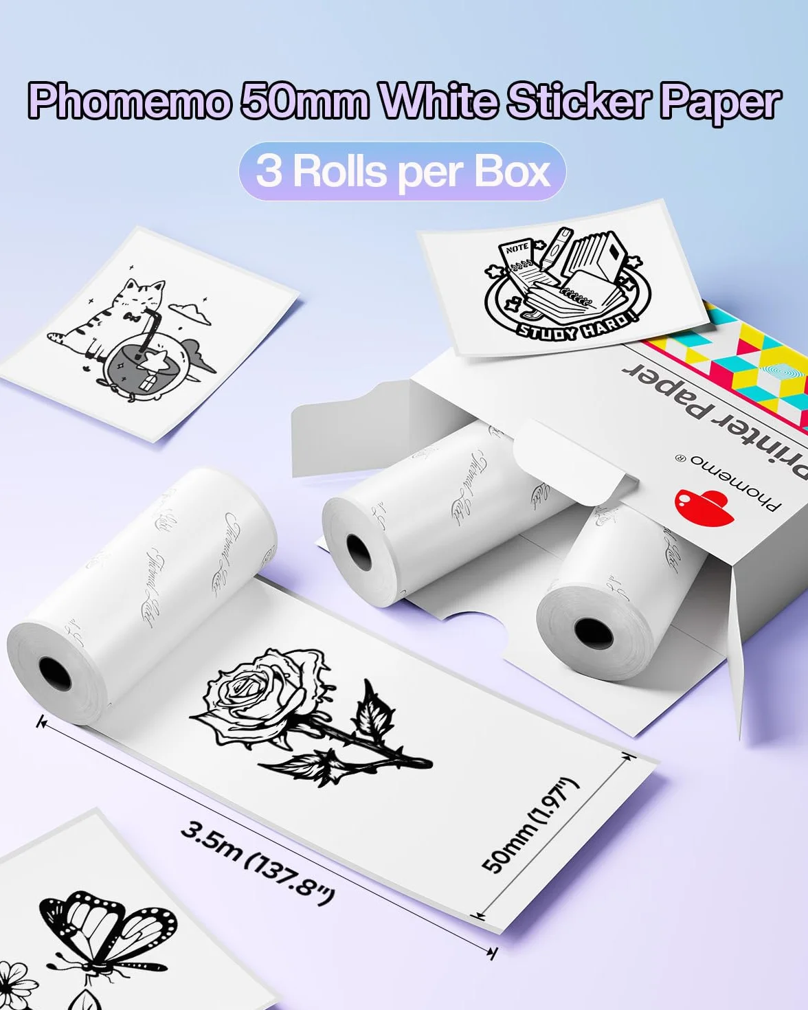 Phomemo 53 mm papier do drukarki kieszonkowej M02/M02S/M02Pro/M03/M03AS/M04S/M04AS/M832/M833 mini, 3 rolki papieru z naklejkami termicznymi, czarny na białym, 53 mm x 3,5 m, 2 lata trwałości, 3 rolki