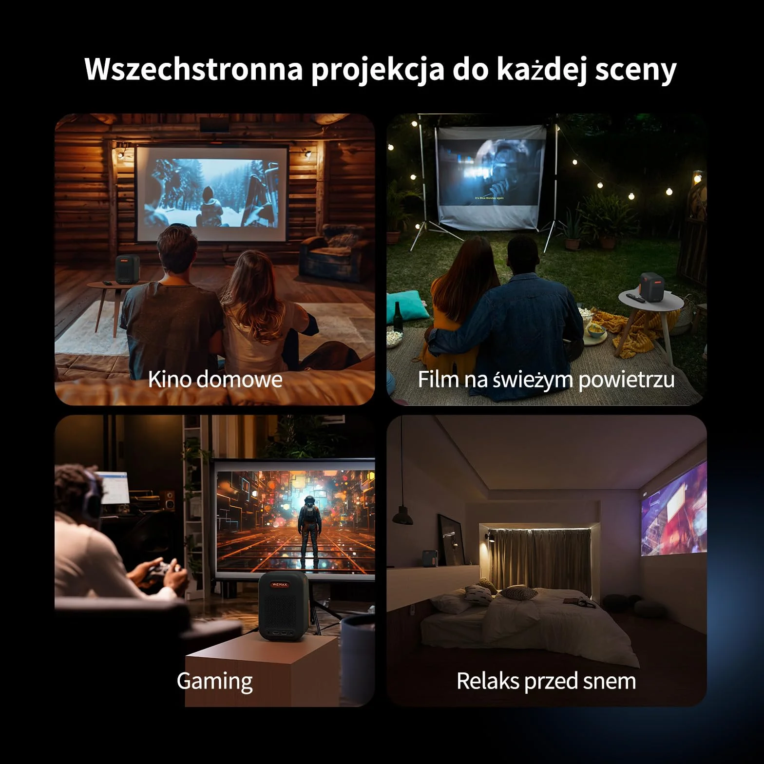 WEMAX Inteligentny Projektor Google TV 1080P Full HD, Obsługa 4K, 500 ISO Lumenów, MEMC Płynność Ruchu na Mecze 2026, Dolby Audio, Auto Focus i Keystone, Wi-Fi 5G, Bluetooth, Ekran do 120"
