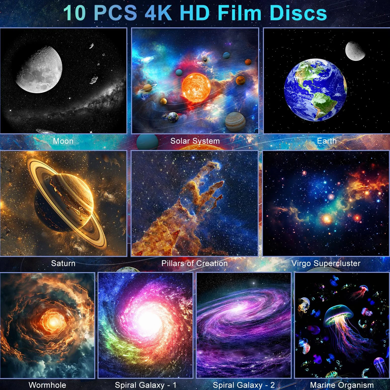 Projektor Galaxy 4K HD Planetarium z 10 Płytami Filmowymi, Timer, 360° Obrotowy Biały
