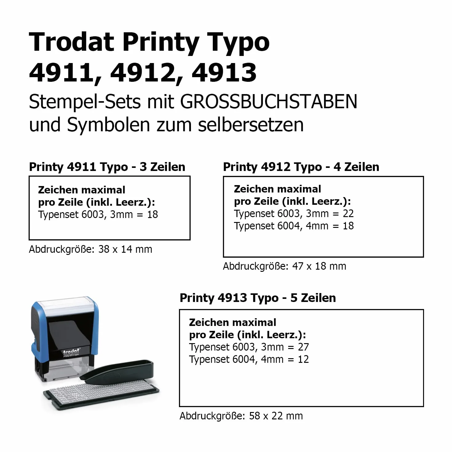 Trodat Typo Printy 4913 Pieczątka, Czarny/Niebieski, 58 x 22 mm