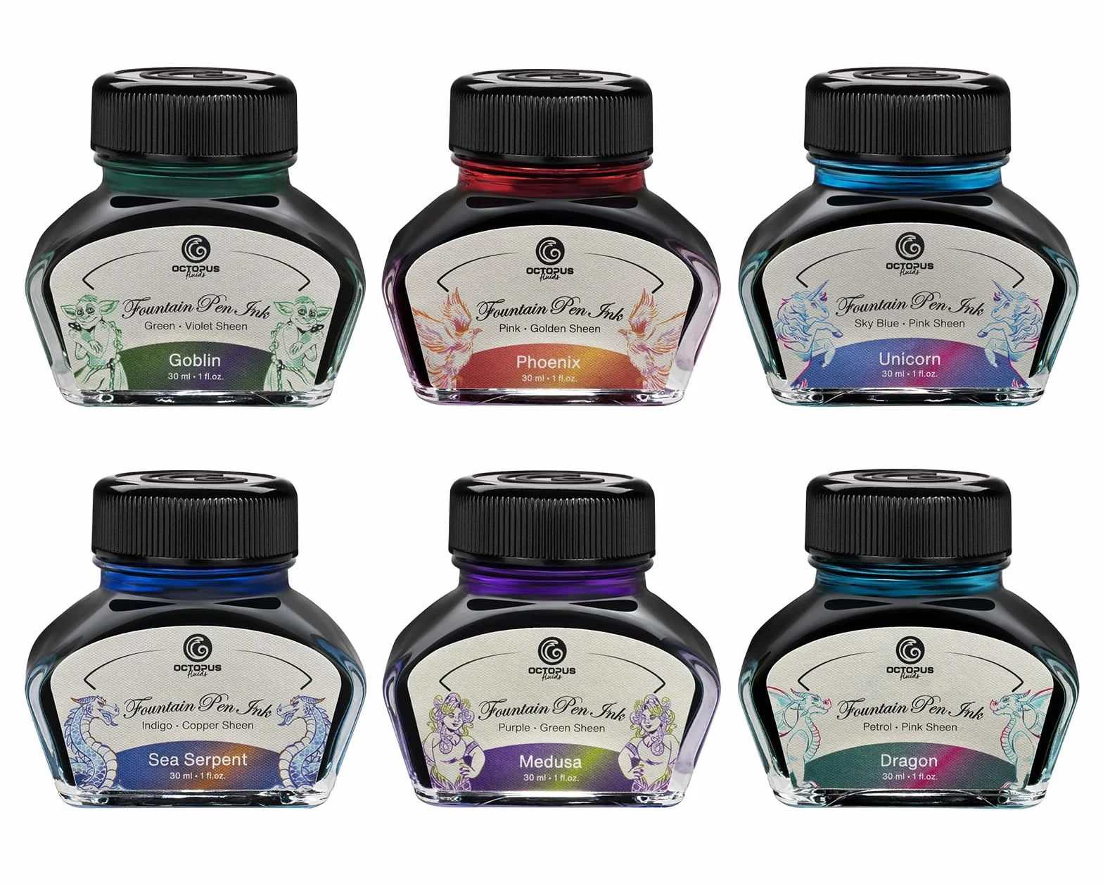 Octopus Fluids Dragon Sheen Ink, atrament do piór wiecznych w kałamarzu, atrament Sheen, petrol, 30 ml, Smok