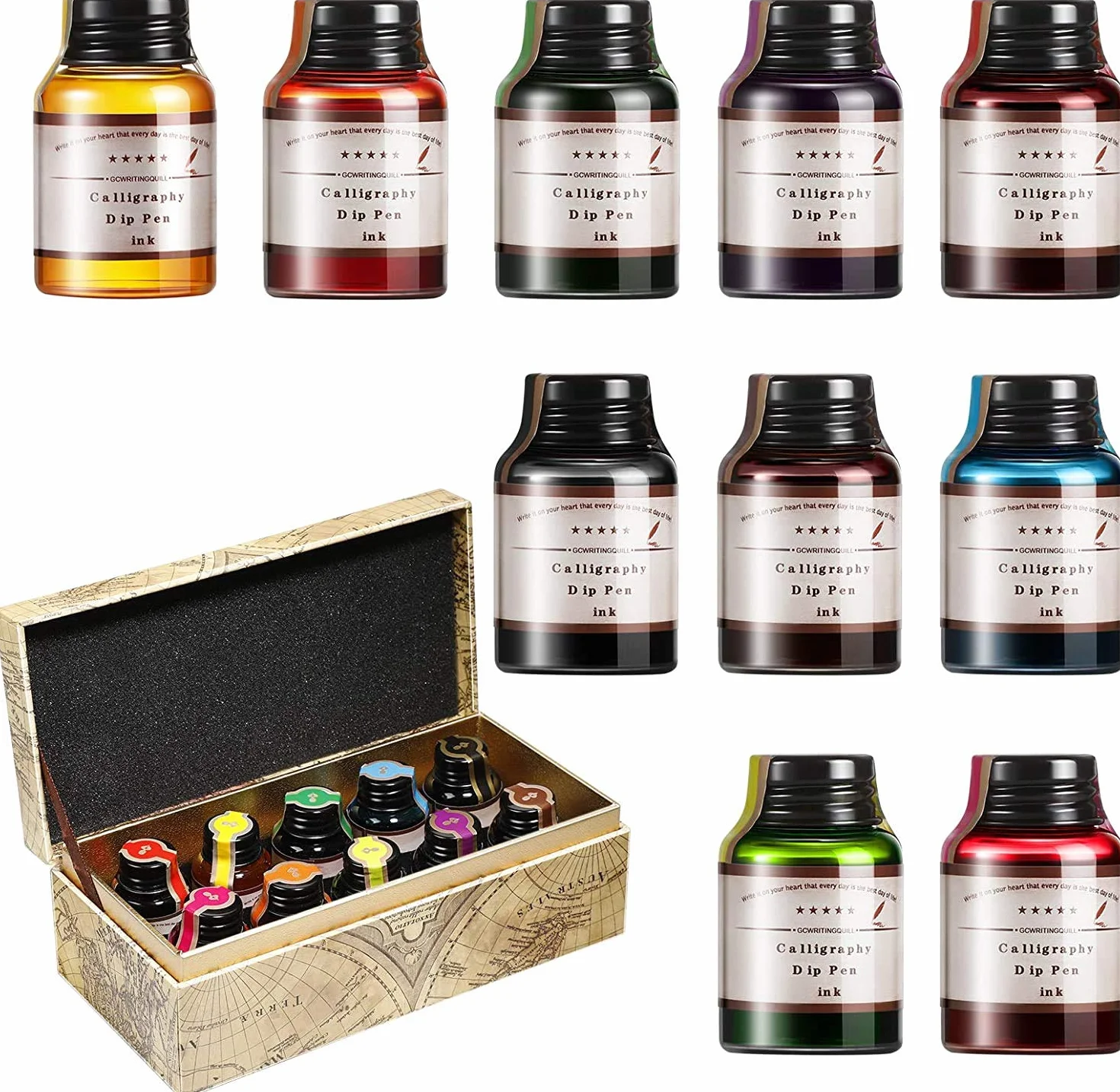 GC GC-710 Atrament do pióra wiecznego, zestaw 10 kolorów x butelki z atramentem 20 ml, wkład do pióra niewęglowego, do kaligrafii, dziennika, pisania i rysowania, GC-710