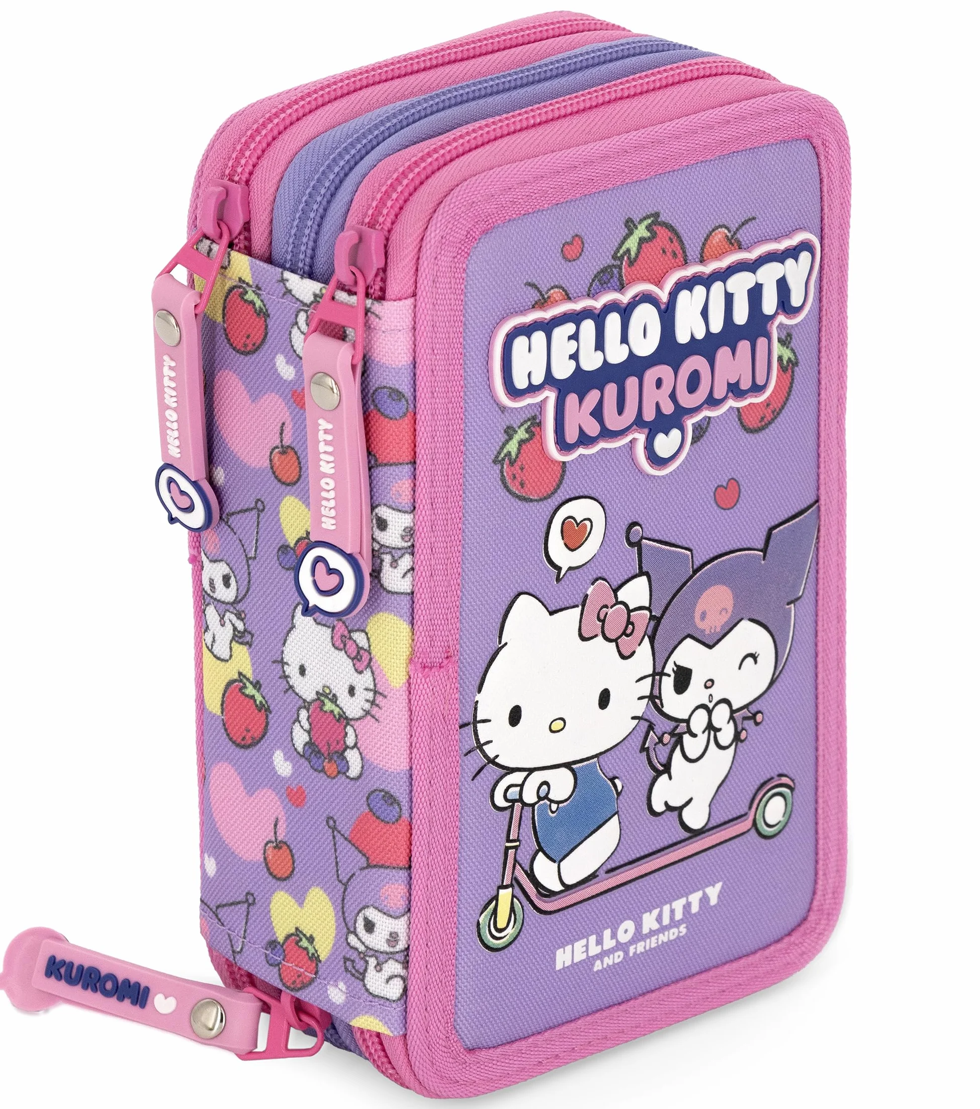 Piórnik z Wyposażeniem 3-Komorowy, Dla Fanów Hello Kitty i Kuromi - Zestaw Szkolny 46 Elementów: Długopisy Ścieralne, Pisaki Giotto, Kredki - Wyprawka dla Dziewczynki