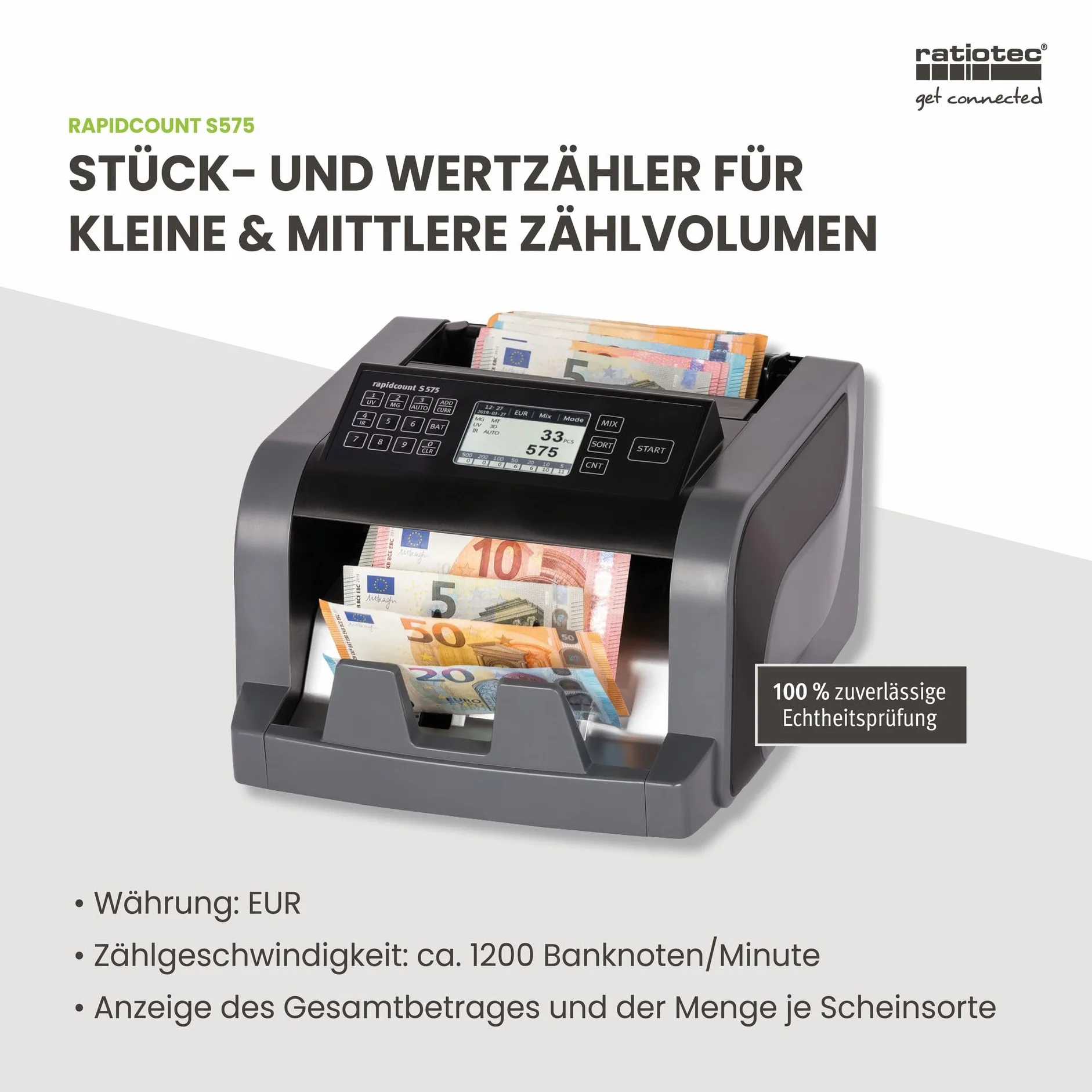 ratiotec Rapidcount S 575 maszyna do liczenia banknotów mieszanych z wyceną w kolorze czarnym