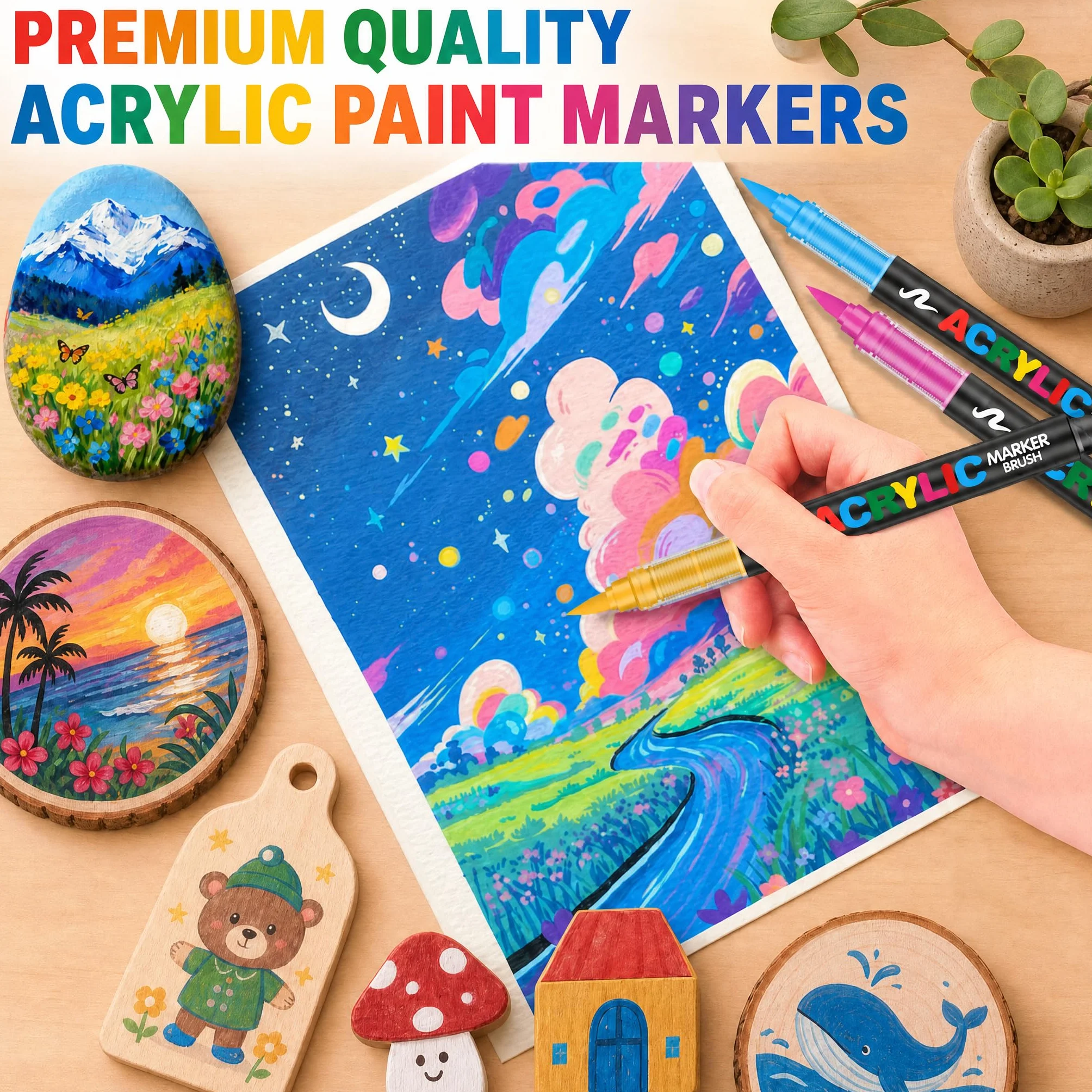 Zestaw 72 Acrylic Paint Pens · Akrylowe Pisaki z Końcówką Pędzelkową · Markery na Bazie Wody · Kryjące Pisaki do Kamienia, Szkła, Tkanin, Drewna, Płótna