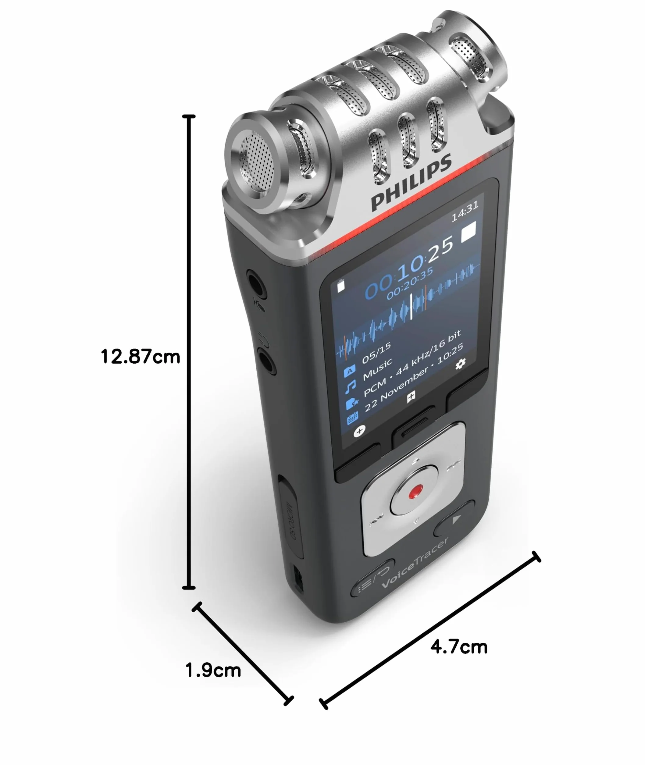 Philips DVT6115 VoiceTracer, dyktafon, nagrywarka, 3 mikrofony HiFi zoptymalizowane do nagrywania muzyki, w zestawie licencja testowa Sembly AI: transkrypcja i podsumowania sztucznej inteligencji
