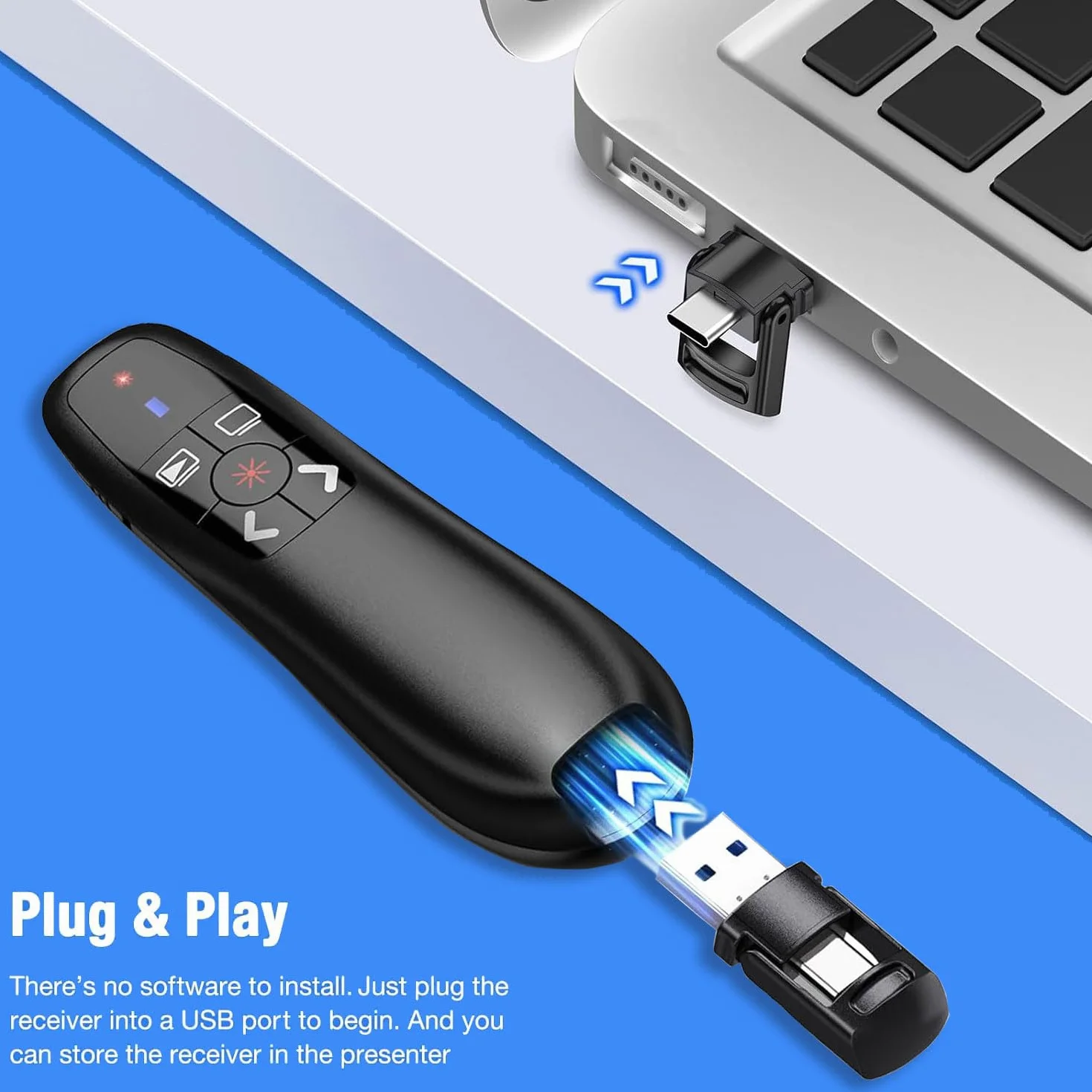 2-w-1 Kliker prezentacyjny typu USB C do prezentacji PowerPoint, 2.4GHz bezprzewodowy pilot prezentacyjny kliker wskaźnik slajdów PPT klikacz do komputera Mac Laptopa