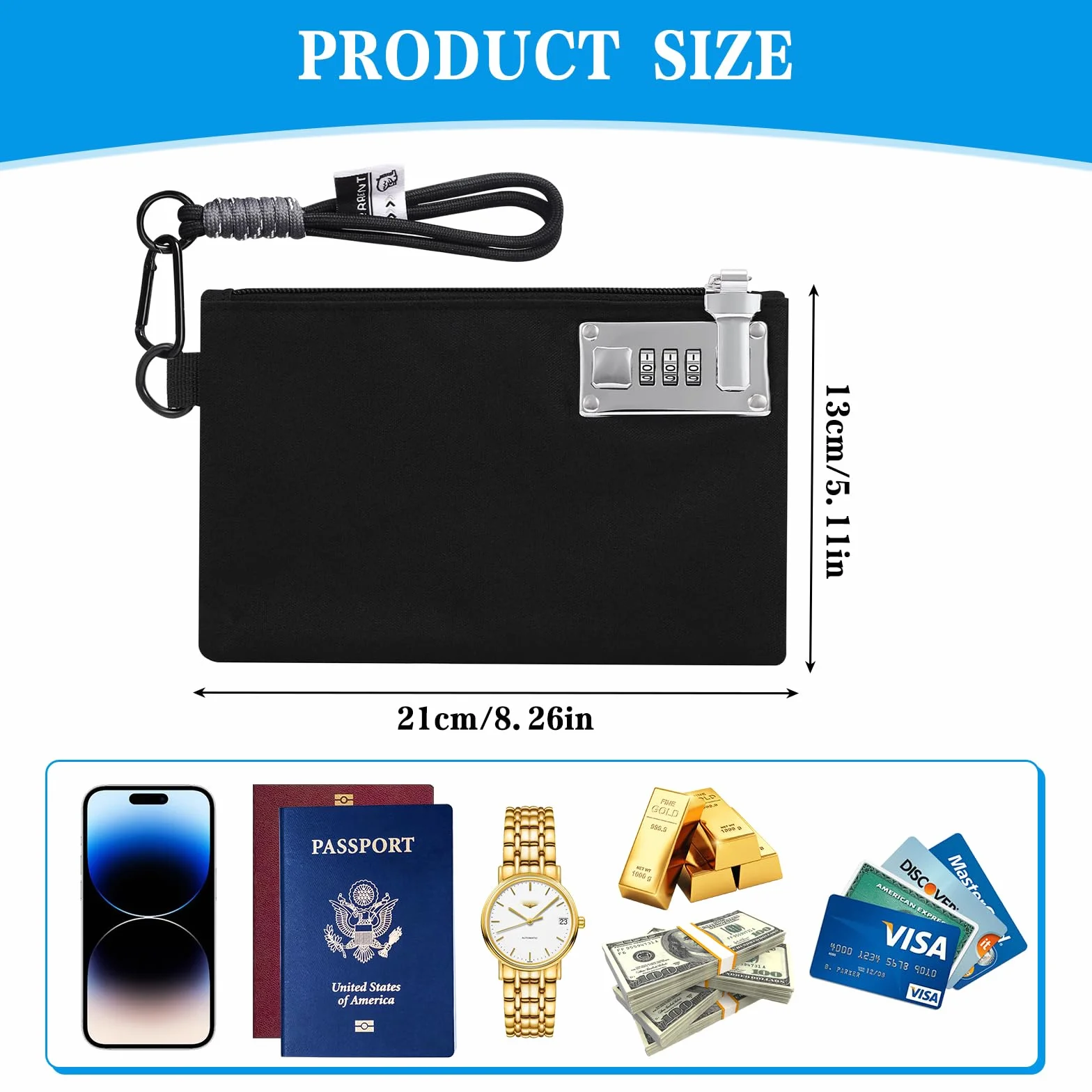 Antyzapachowa torba z zamkiem szyfrowym, chroni gotówkę, telefon i karty kredytowe, 21 cm x 13 cm z kłódką, wytrzymały nylon, idealny na cenne zdjęcia, paszport i biżuterię