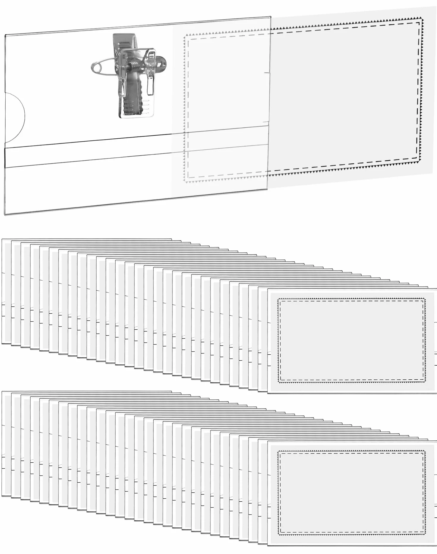 QWORK® Zestaw 100 przezroczystych identyfikatorów na identyfikatory z przypinką i klipsem do pracy, konferencji, wystawy - 90 mm x 56 mm