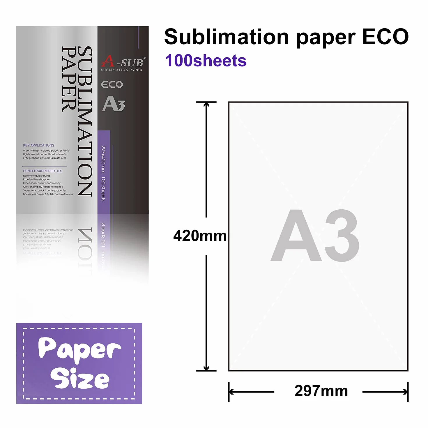 A-SUB Papier sublimacyjny A3, 297 x 420 mm, 100 arkuszy, kompatybilny z drukarką sublimacyjną EPSON, SAWGRASS, RICOH, Brother