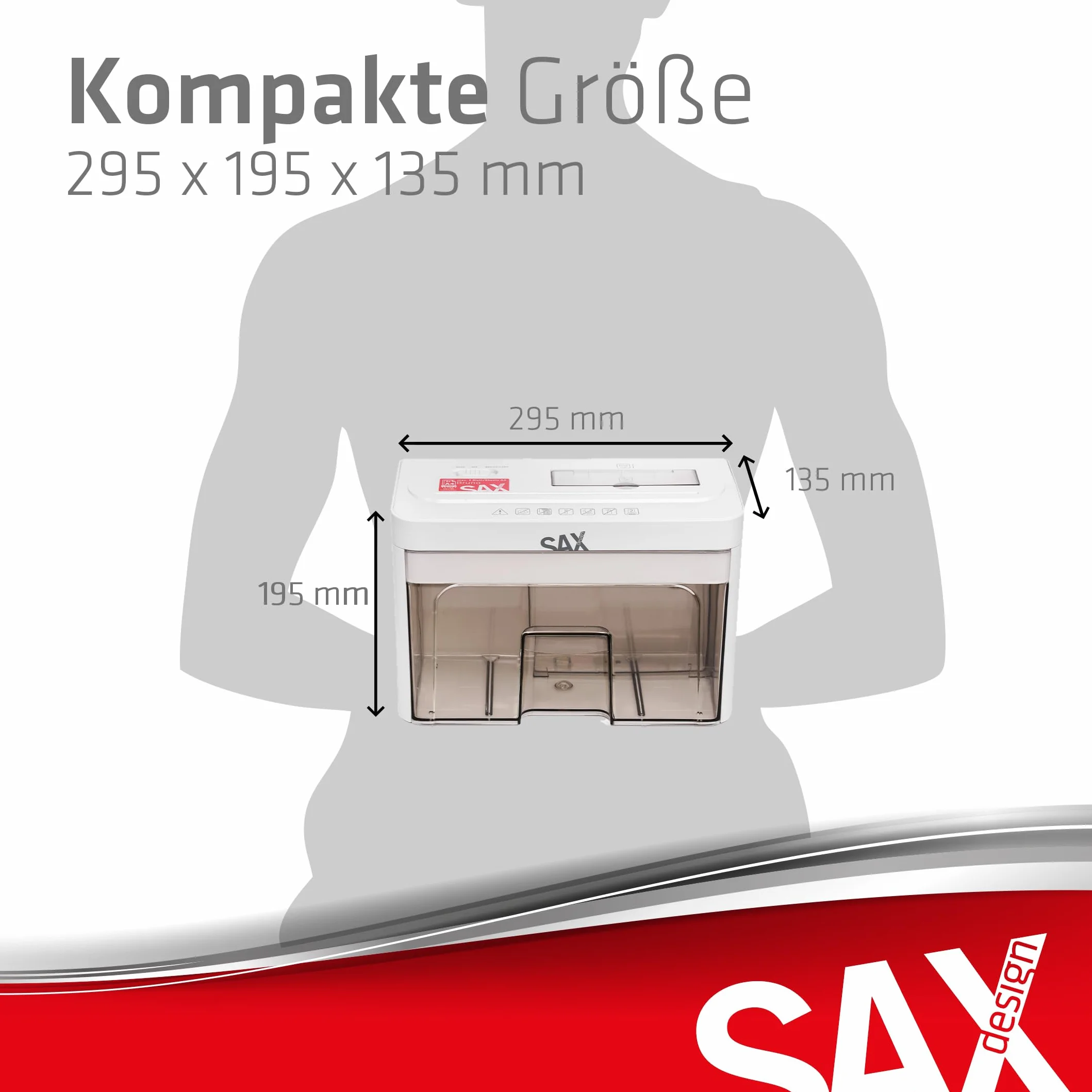Sax Rozdrabniacz Bruno – cięcie cząstek 3 x 18 mm, rozdrabnia papier, płyty CD i karty, otwór podajnikowy 220 mm, 2 arkusze A4, pojemność 3,5 l, cicha praca do 70 dB, idealna do biura i biura domowego