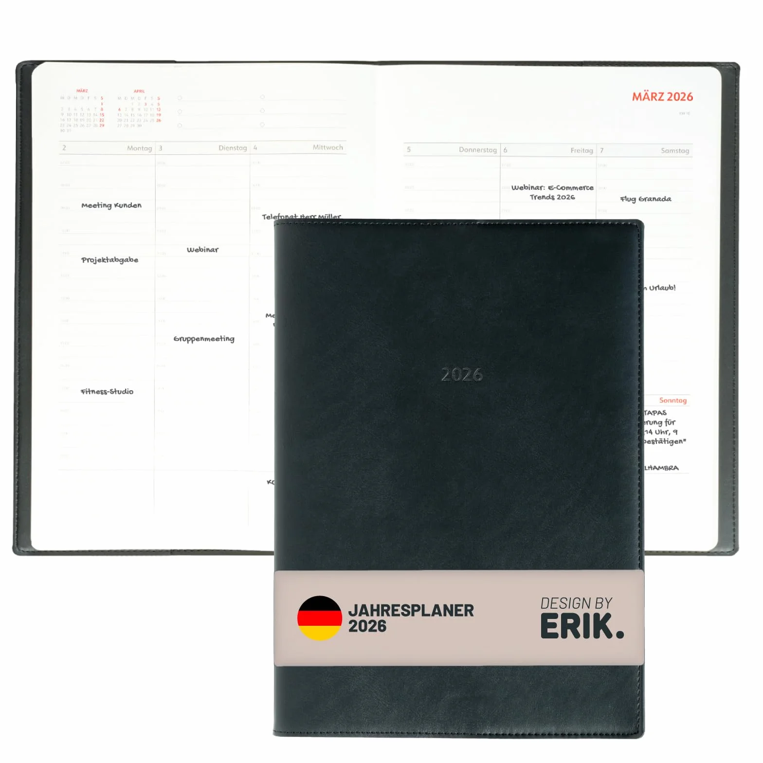 Grupo Erik Kalendarz 2026, kalendarz książkowy, terminarz A4, terminarz biznesowy, czarny, 21 x 29,7 cm, kalendarz roczny książka, terminarz 2026, format A4 w języku niemieckim