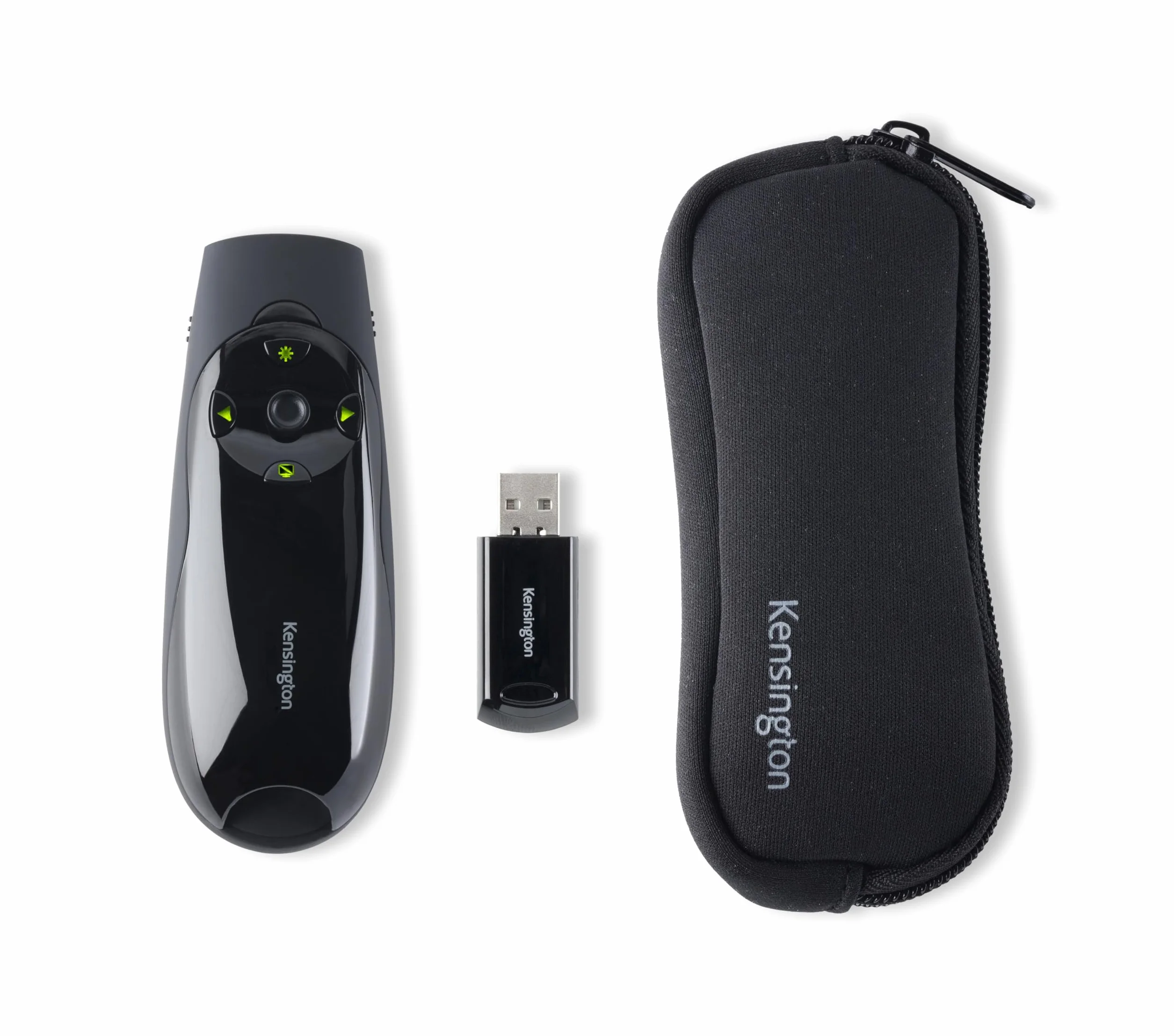 Kensington Prezenter Expert – bezprzewodowy przycisk do prezentacji USB z zielonym wskaźnikiem laserowym i sterowaniem kursorem, kompatybilny z Windows i macOS, zasięg 45 m (K72426EU)