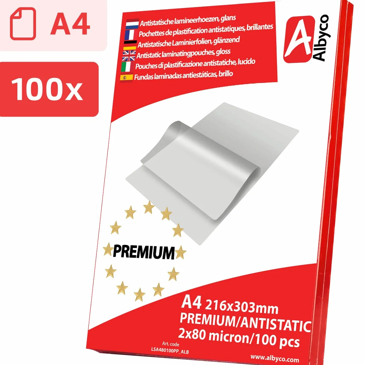 Albyco Premium ANTYSTATYCZNA Folia do Laminowania A4 - Folia do Laminowania - Arkusz do Laminowania - Arkusz do Laminowania - Format A4 216 x 303 mm - Błyszczący - Grubość 2x80 (160) Mikrony 100 sztuk
