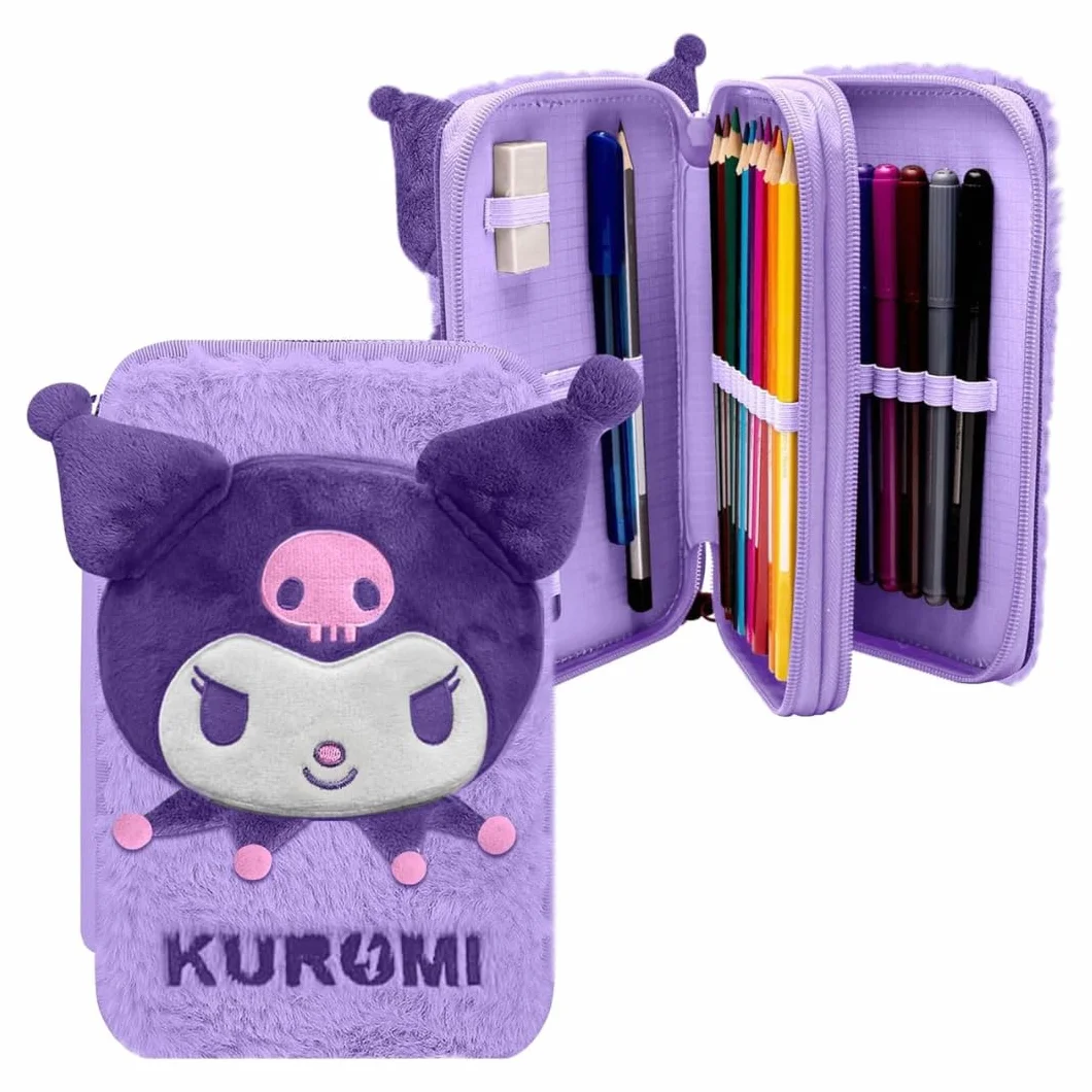 mybagstory | Pluszowy piórnik Kuromi z 2 przegródkami | Kompletny zestaw szkolny 28 akcesoriów do kolorowania, miękki fioletowy kawaii design dla dziewczynek i fanów Sanrio | Wymiary 12x20x4 cm