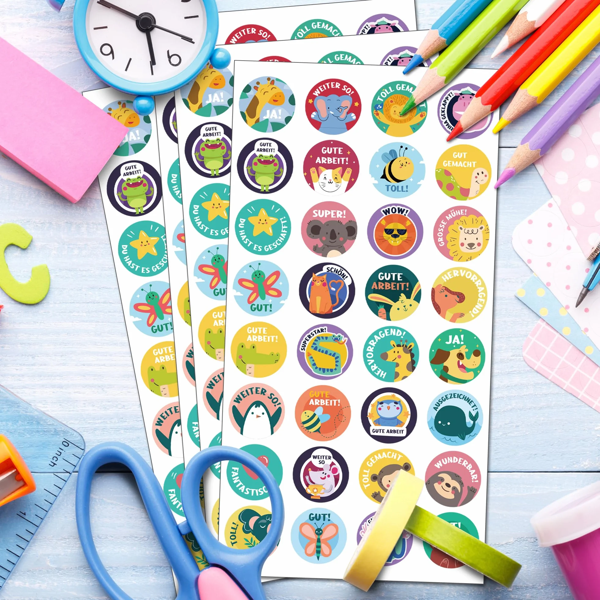 1600 sztuk naklejek motywacyjnych dla dzieci, 25 mm, 32 wzory, samoprzylepne naklejki nagrody, niemieckie naklejki nagrody Reward Stickers naklejki na zwierzęta w zoo na artykuły dla nauczycieli