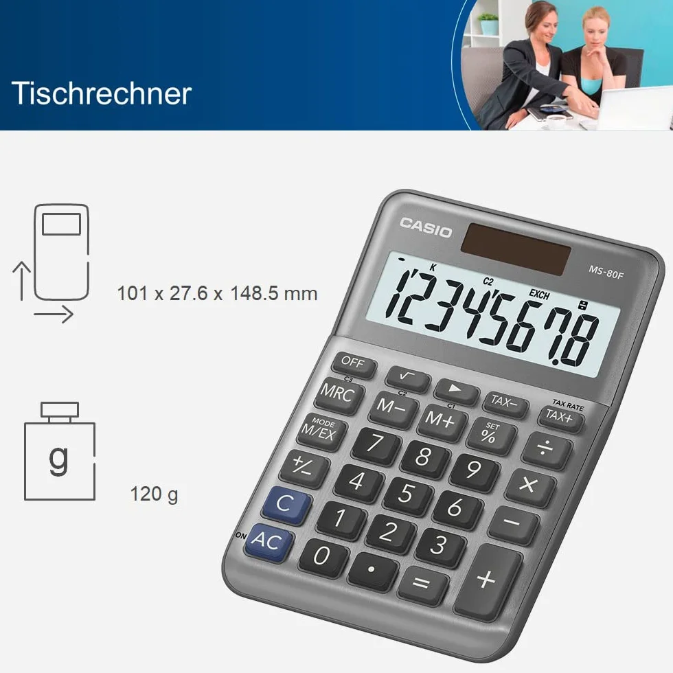 Casio Kalkulator biurkowy MS-80F, 8-cyfrowy, obliczenie podatku, pierwiastek kwadratowy, front aluminiowy, zmiana znaku, zasilanie energią słoneczną/bateryjną
