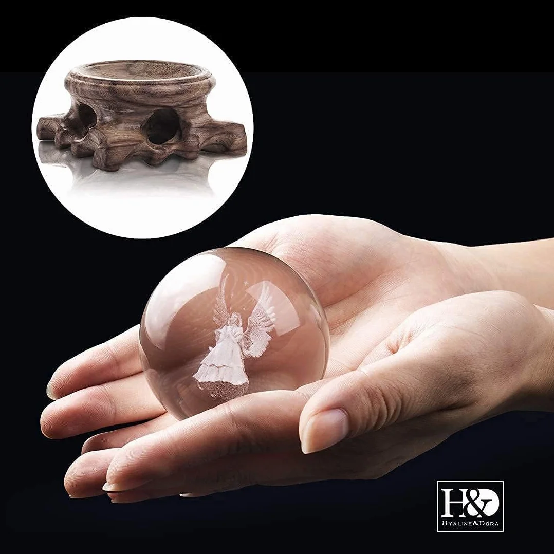HDCRYSTALGIFTS figurki 3D, anioł, kryształowa kula, pełna kula, grawerowana laserowo, przycisk do papieru, dekoracja domu, rzemiosło artystyczne (przezroczysta)