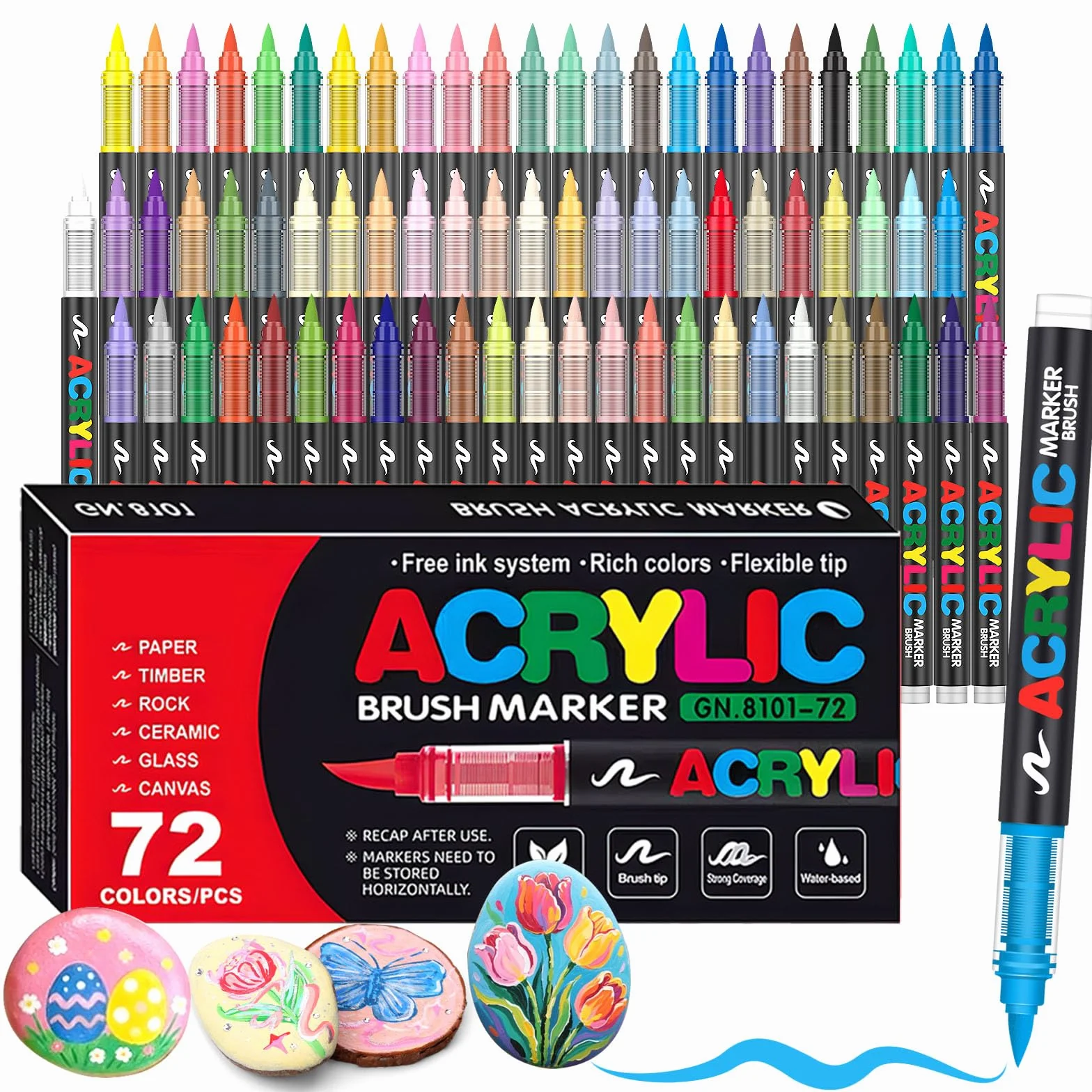 Zestaw 72 Acrylic Paint Pens · Akrylowe Pisaki z Końcówką Pędzelkową · Markery na Bazie Wody · Kryjące Pisaki do Kamienia, Szkła, Tkanin, Drewna, Płótna