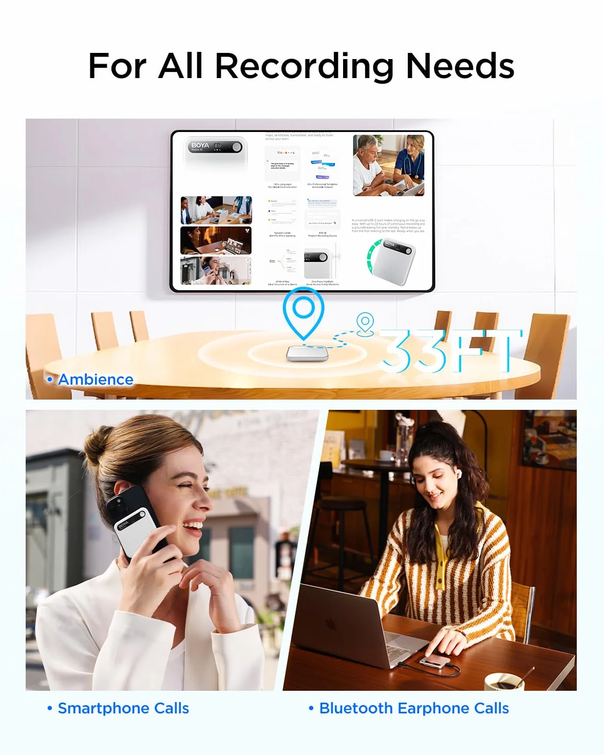 BOYA Dyktafon Notra AI, atmosfera/rozmowy telefoniczne/przechwytywanie Bluetooth, transkrypcja AI i inteligentne podsumowanie, obsługa ponad 140 języków, 64 GB pamięci, magnetyczny organizer notatek