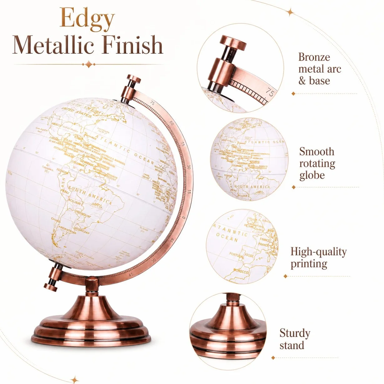 EXERZ Globus 20 cm złoty metaliczny pedagogiczna geograficzna mapa angielska metalowy łuk podstawa