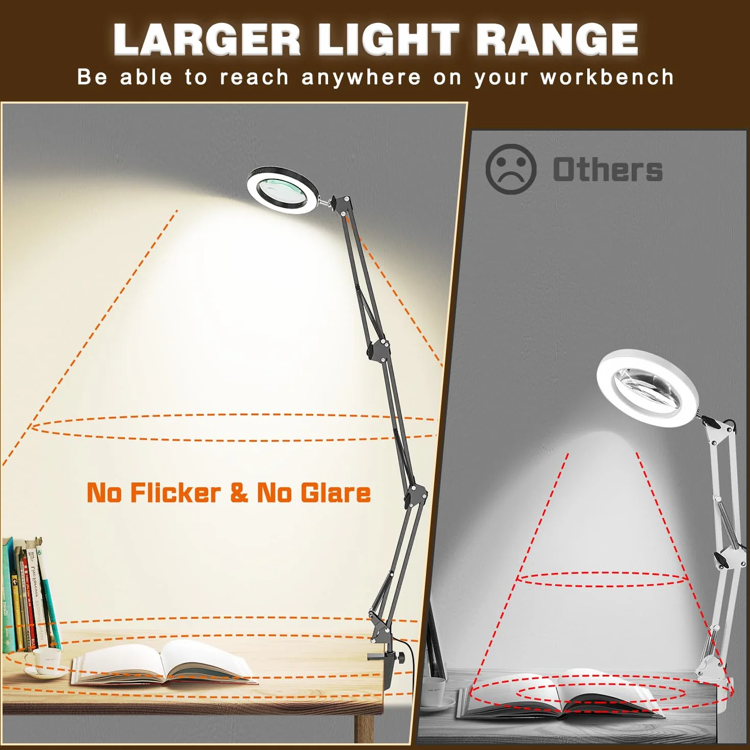 Lupa ze światłem, 15X 10X lampa biurkowa z lupą z zaciskiem i 3 obrotowymi ramionami, lampa biurkowa LED z lupą z 3 trybami kolorów z możliwością ściemniania do hobby, rękodzieła, napraw