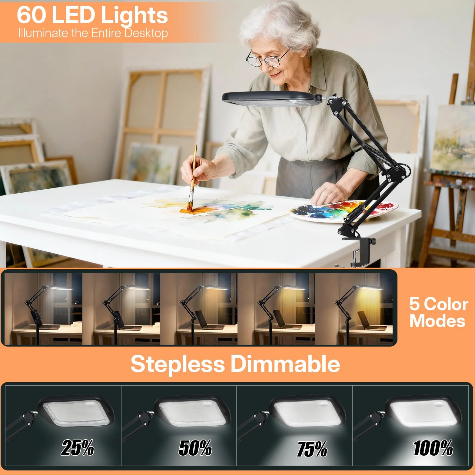 GABORISH lupa stojąca z oświetleniem 3 w 1, 60 diod LED, regulacja jasności, 5 trybów kolorów