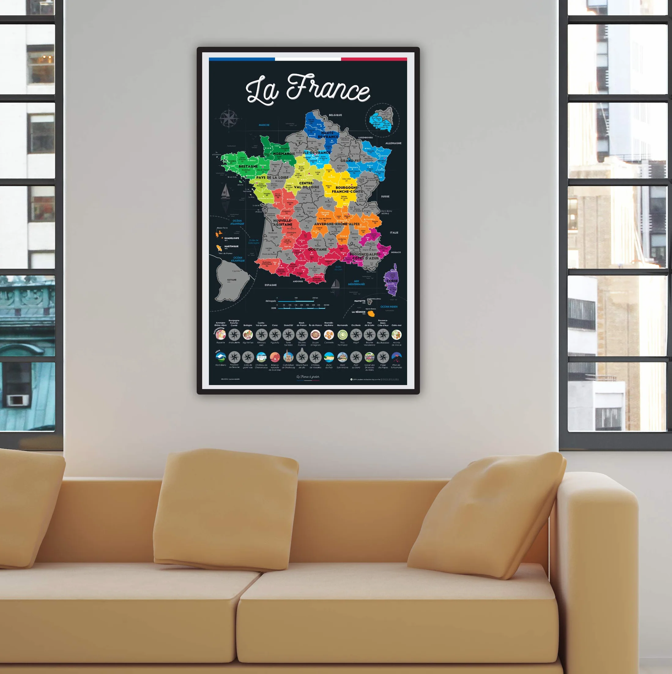 Bonanzana - Mapa Francji do drapania - 70x42 cm - Plakat do drapania regionów i wydziałów francuskich odwiedzanych z naczyniami i miejscami - Karta prezentowa ścienna z podróży - Scratch Off Map