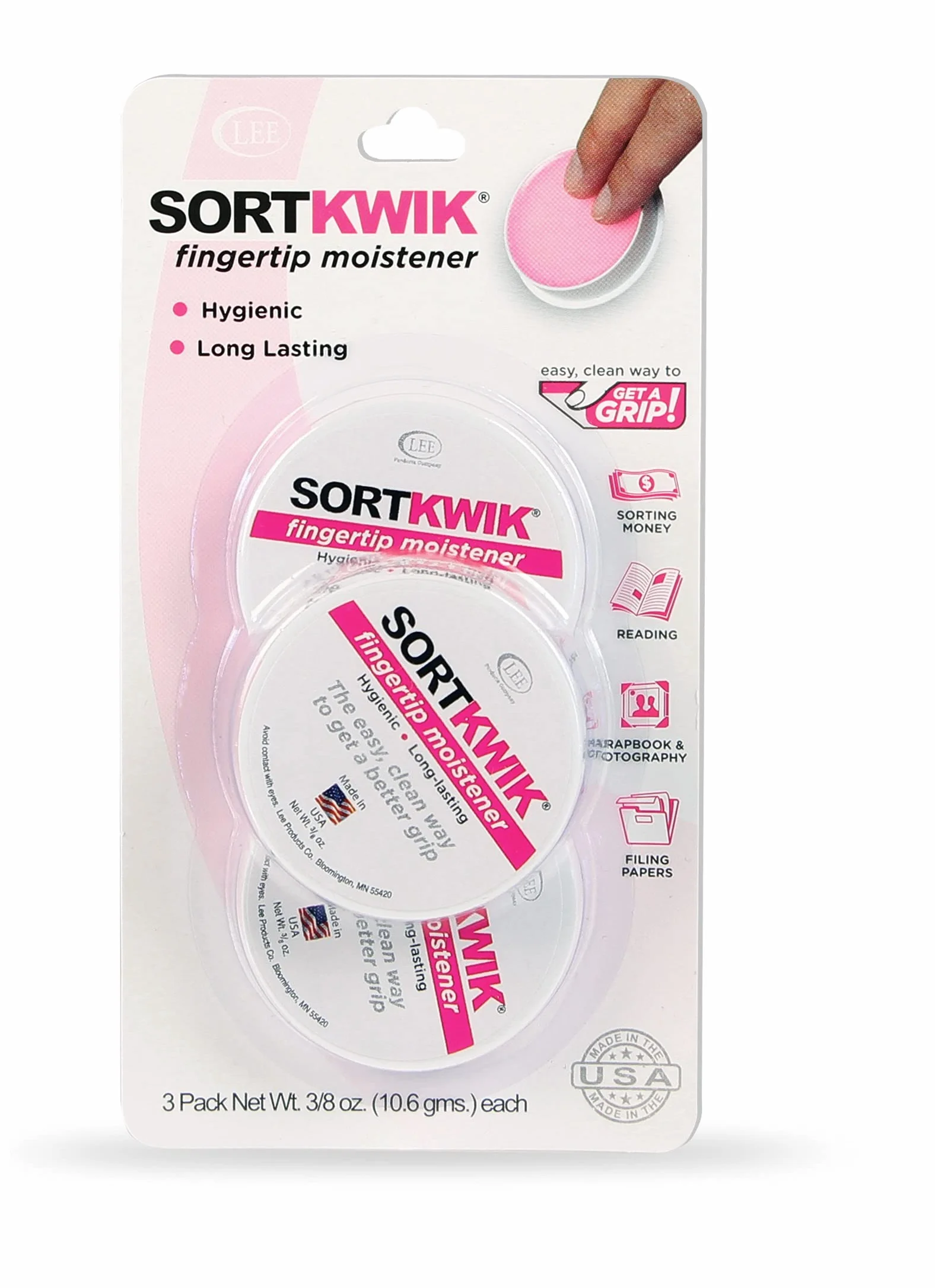 Lee 20053 Sortkwik Zestaw 3 nawilżaczy do palców, 1,9 ml, różowy