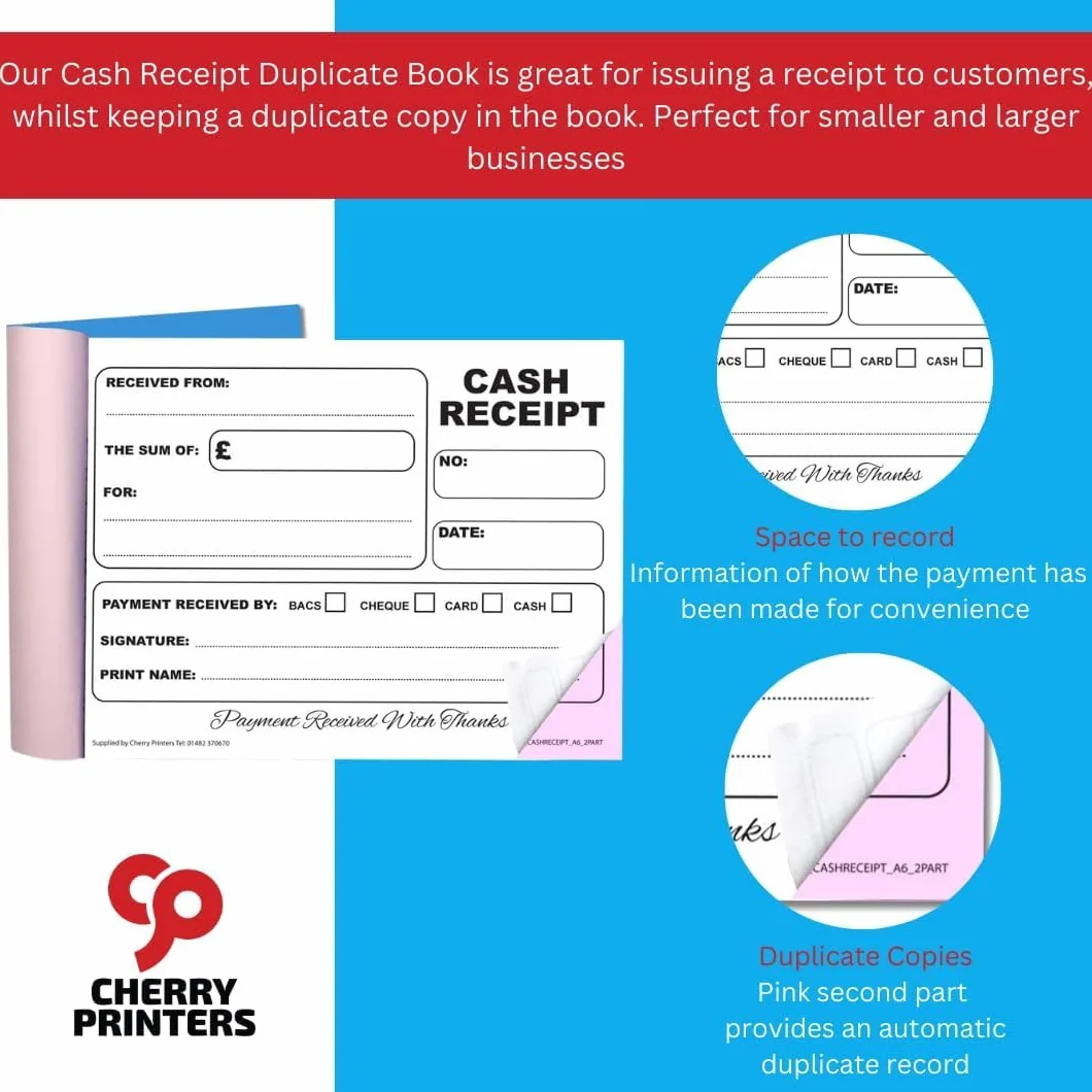 Cherry Carbonless Cash Receipt Book A6, 2-częściowy NCR, 50 zestawów, perforowany