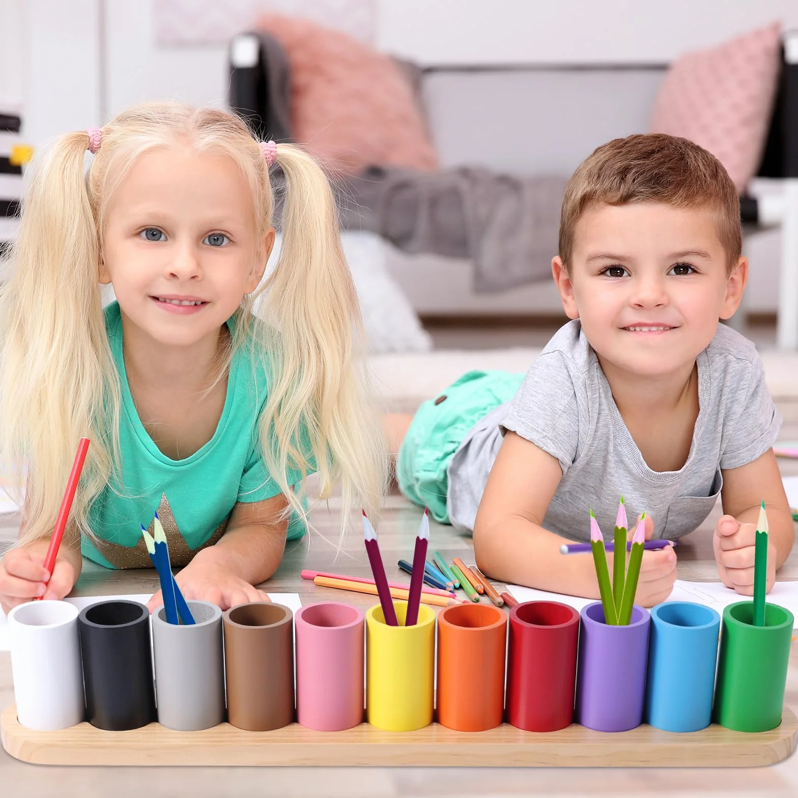 Drewniany Pojemnik na Kredki Kolorowe, Organizer na Kredki Montessori 11 Ruchomych Przegródek Pojemnik na Dlugopisy Organizer do Przechowywania Kredek dla Dzieci Biura Szkoly Zaopatrzenia