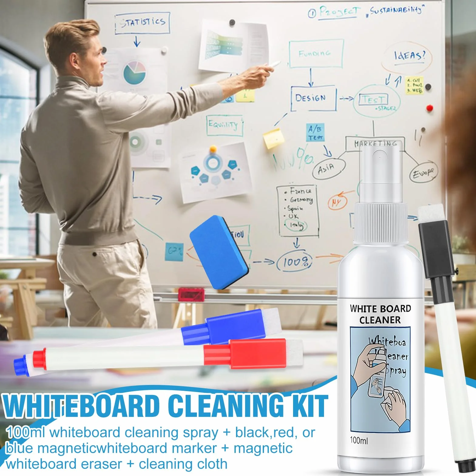 Spray do czyszczenia tablic białych Whiteboard Cleaner z magnetyczną tablicą i 3 markerami