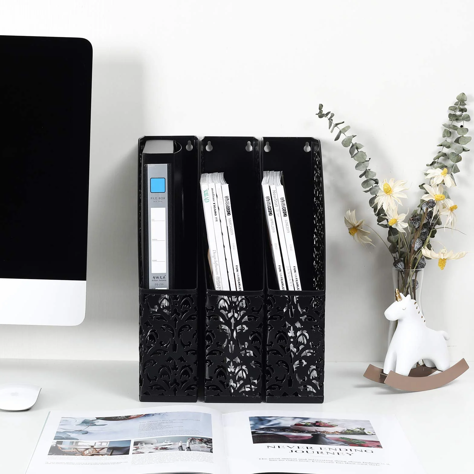 EasyPAG Stojak na Dokumenty A4 Metal Pionowy,Segregator Stojący,Półki na Foldery,Organizer na Biurko,Taca na Czasopisma,Półka na Listy do Domu & Biura,Pakiet 3 Sztuk,Czarny