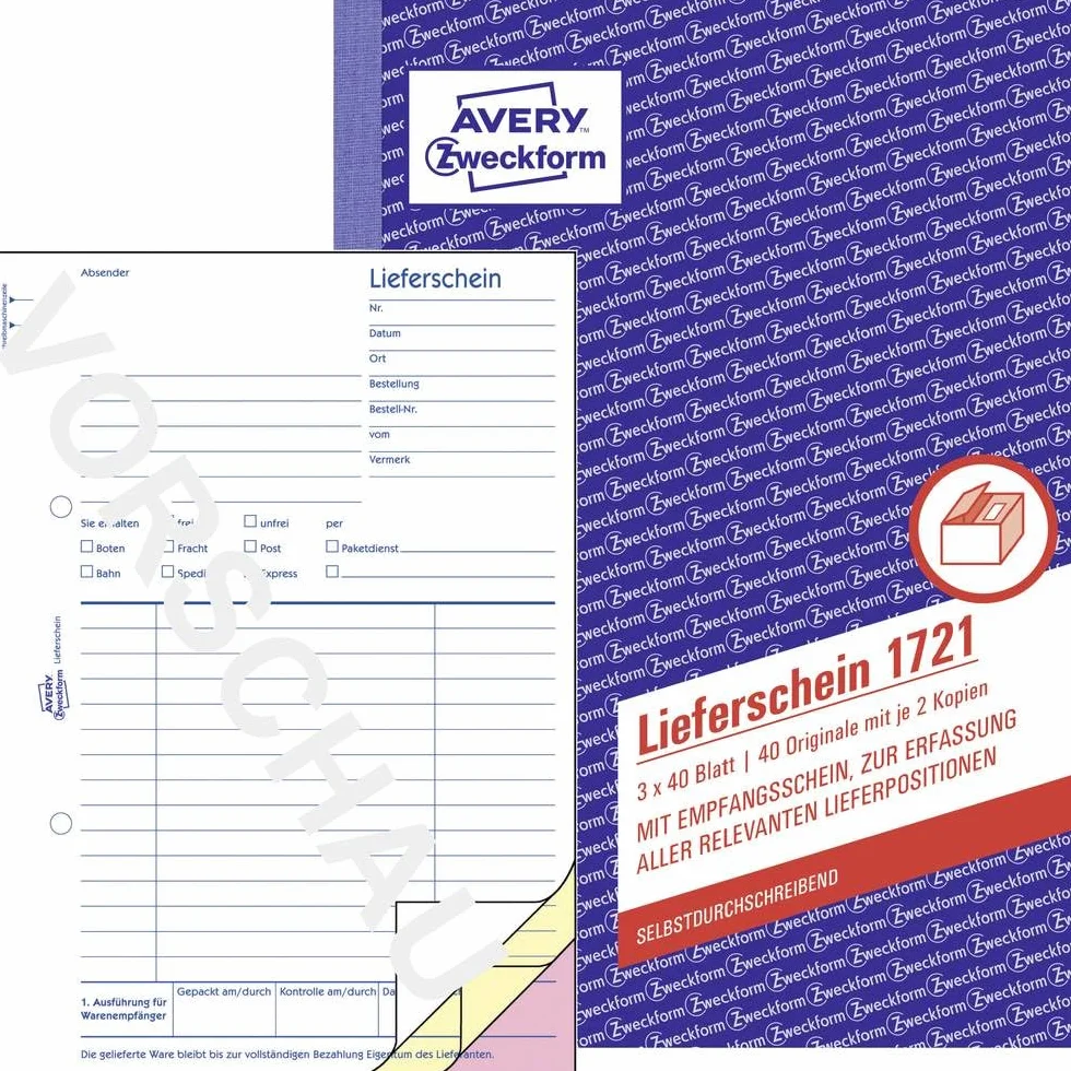 AVERY Zweckform 1721 dowód dostawy z certyfikatem odbioru (A5, 3 x 40 arkuszy, samokopiujący z kolorową kopertą, do rejestrowania wszystkich istotnych pozycji dostawy), biały/żółty/różowy