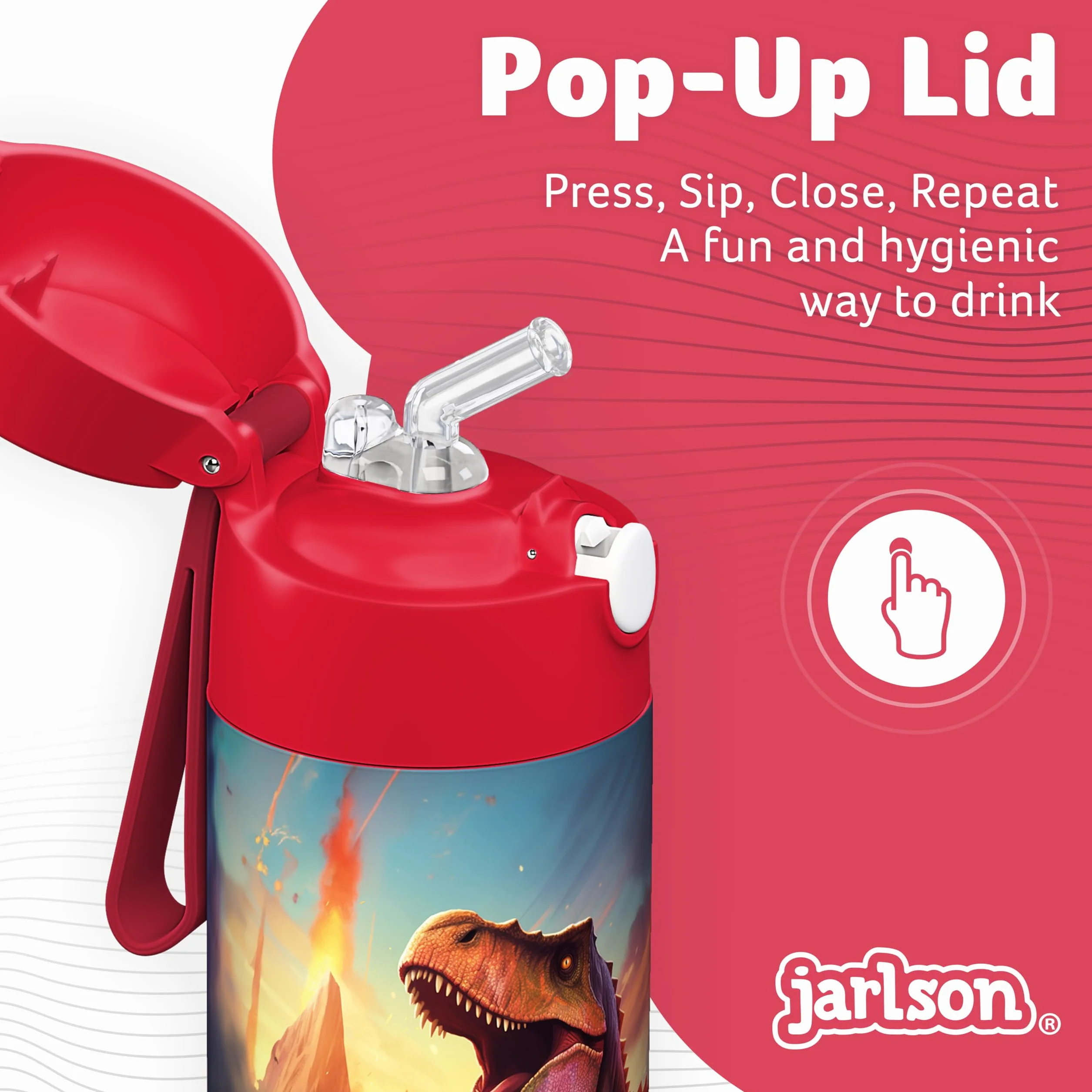 JARLSON® Butelka do picia dla dzieci, stal nierdzewna, ze słomką, 350 ml, certyfikat TÜV, nie zawiera BPA, szczelna, termiczna butelka na wodę do szkoły, przedszkola, dinozaur 2.0, 350 ml