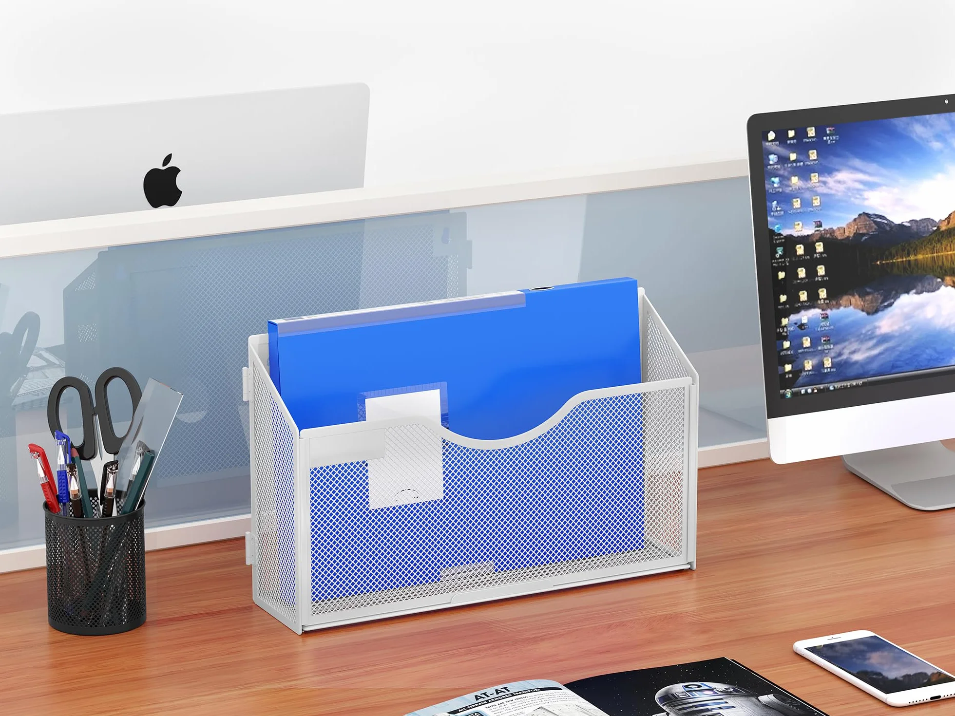 EasyPAG Uchwyt Ścienny na Dokumenty A4 3 Kieszenie Poziomy Metal Siatka,Ścienny Stojak na Pocztę,Wiszący Organizer na Dokumenty,Przechowywanie Czasopism z Tabliczka do Biura & Domu,Biały