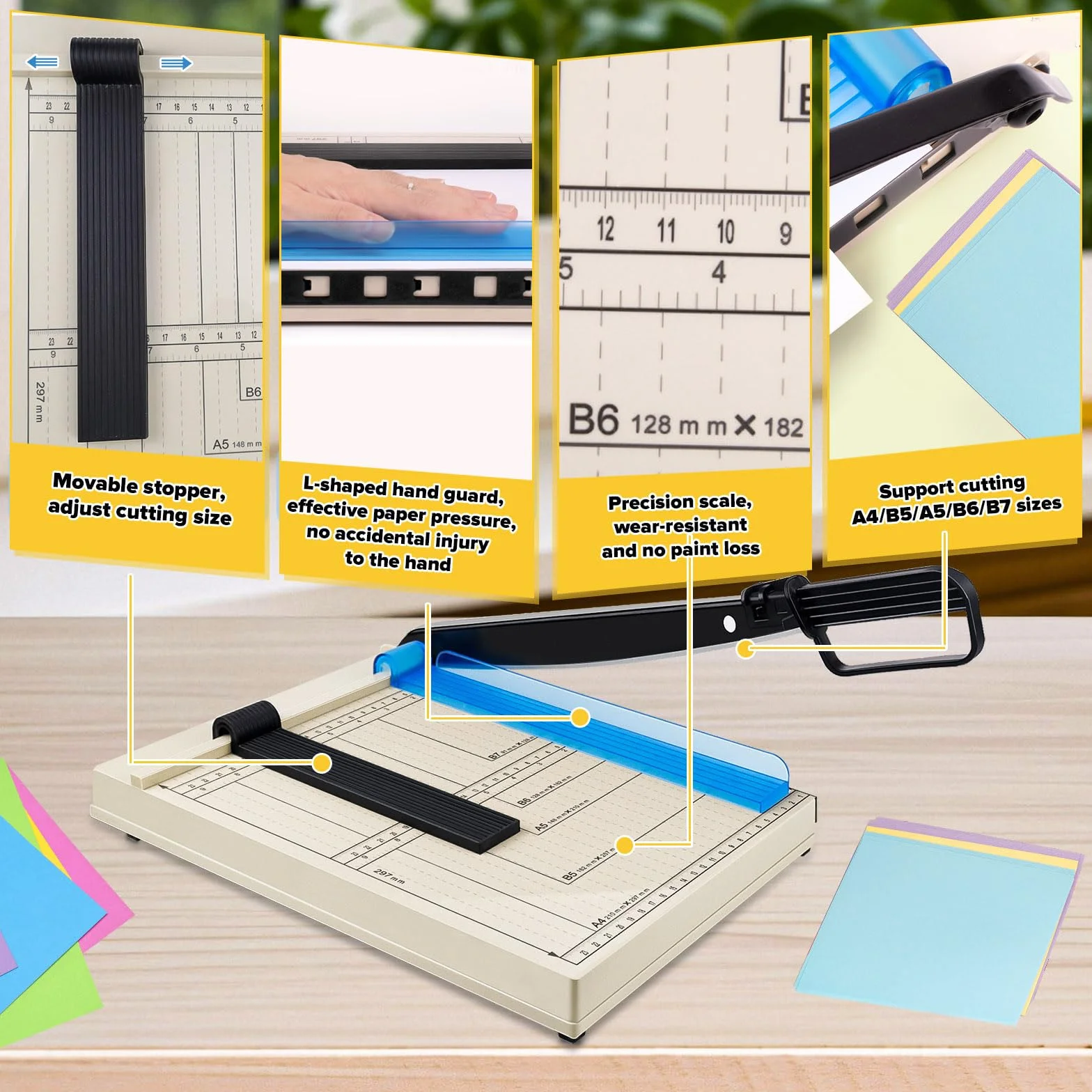 Maszyna do cięcia papieru (A4/B5/A5/B6/B7, z 5 segregatorami), przecinarka do papieru A4, przecinarka dźwigniowa, Paper Cutter, do cienkich blach, skóry, zdjęć