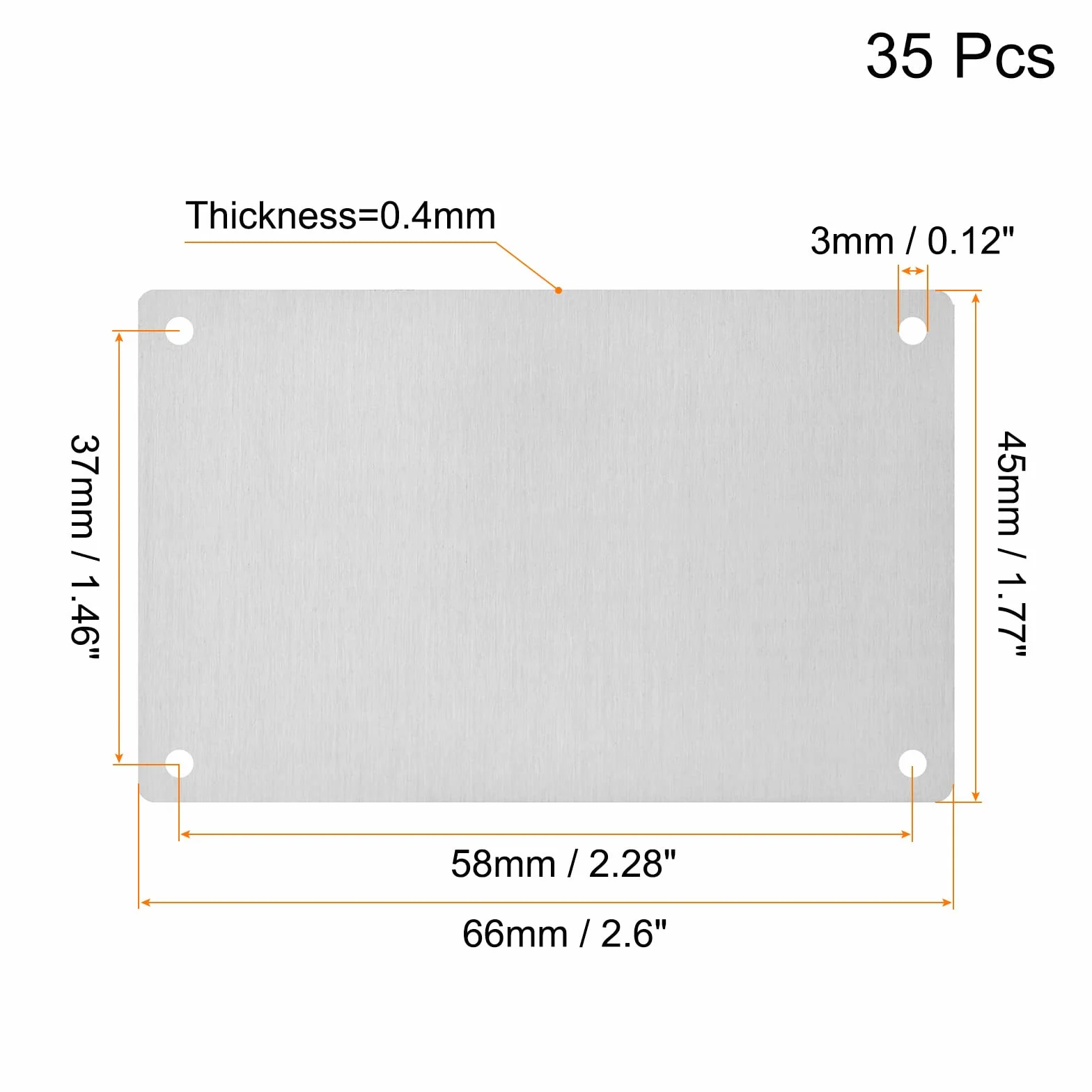 QUARKZMAN 35 szt. 66 x 45 mm, ze stali nierdzewnej, puste etykiety, prostokątne grawerunki, karta z 4 otworami, do maszyn, tabliczka z nazwiskiem, zawieszka dla majsterkowiczów (odcień srebrny)