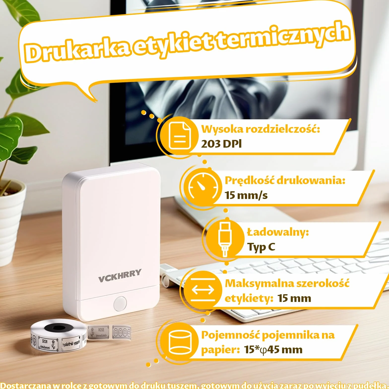 Drukarka etykiet Bluetooth Samoprzylepne urządzenie do etykietowania, przenośna drukarka etykiet dla systemów iOS i Android, termotransferowa do domu, biura, biała