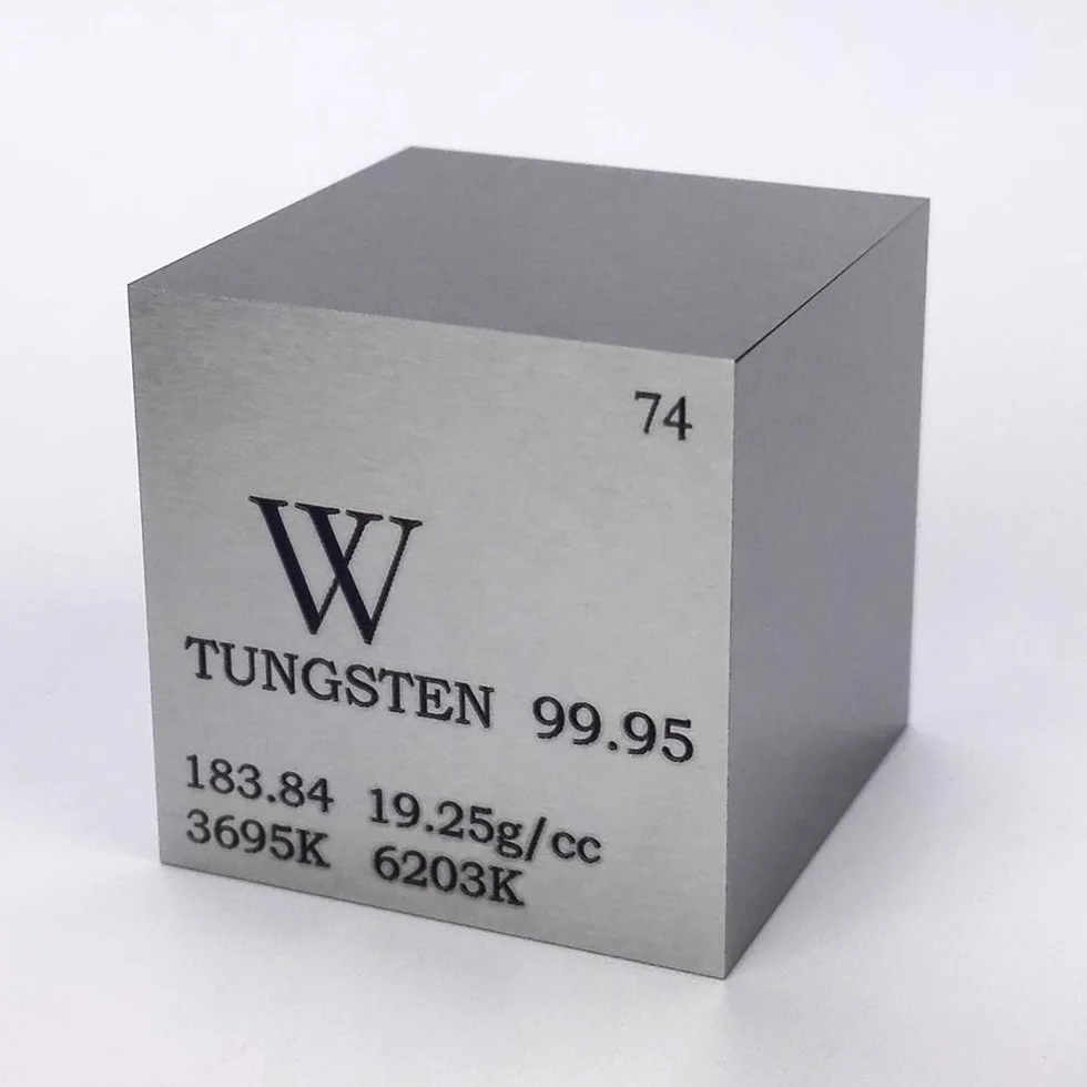 Metalowa kostka wolframowa, 1 cal 25,4 mm, 315 g, 99,95% czysty, grawerowany układ okresowy W próbka