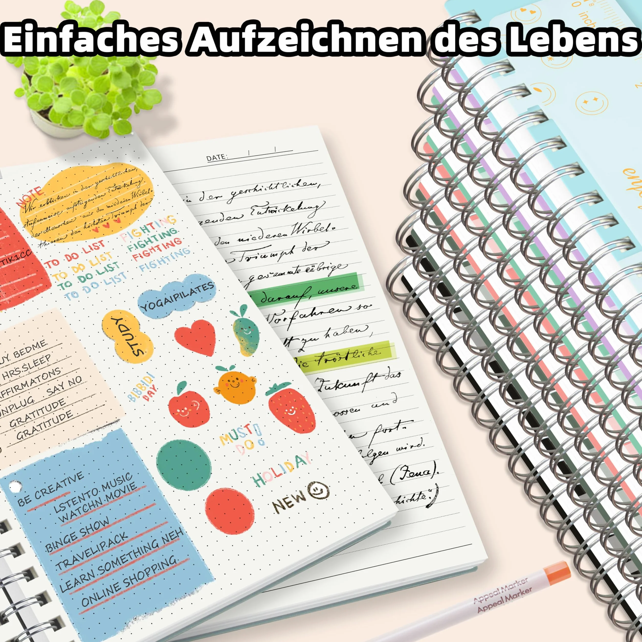 Notatnik Qefuna A4 w kropki, Bullet Dot Journal, 300-stronicowy notatnik na spirali, papier atramentoodporny 100g/m², twarda okładka z PVC, z linijką, rozszerzalne kieszenie, 21x 28 cm -Zielony