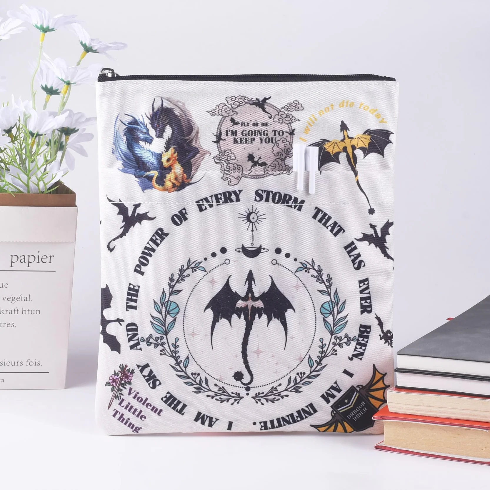 Oryginalne etui na książkę LParkin Fourth Wing Merch, wodoszczelne etui na książki, figurka smoka, ochrona książki, neutralne płótno, z zamkiem błyskawicznym, jako prezent dla miłośników książek