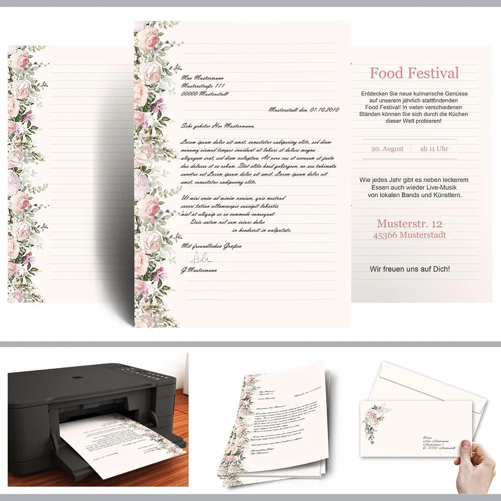100 arkuszy papieru listowego ROSENPRACHT - DIN A4 (210 x 297 mm), 90 g/m² - ró?e