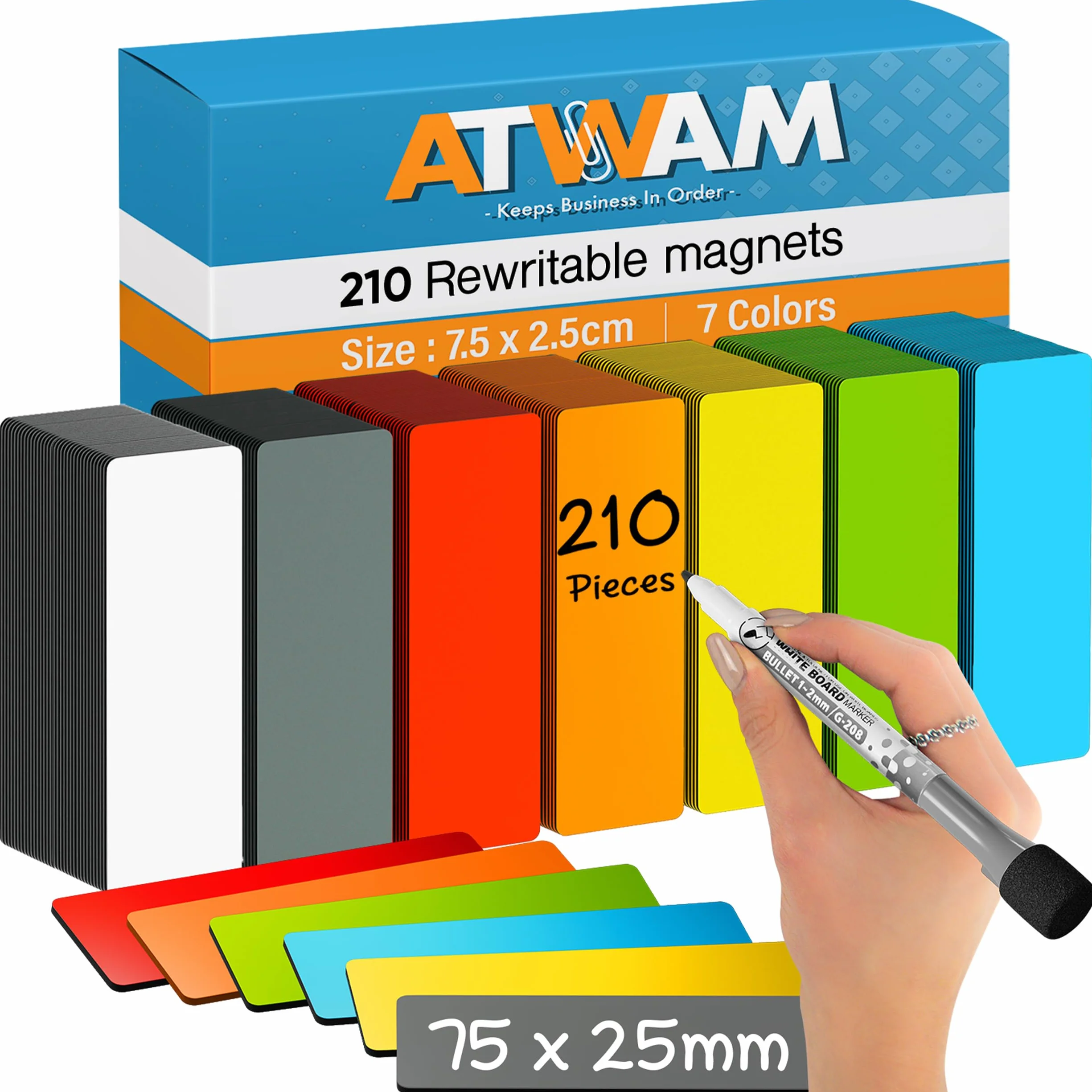 210 Magnetyczne Zapisywalne - 75 x 25 mm - 7 Kolorów - Scrum & Kanban - Magnetyczne Paski do Opisania - Do Tablic, Lodówek - Magnesy Wielokrotnego Użytku