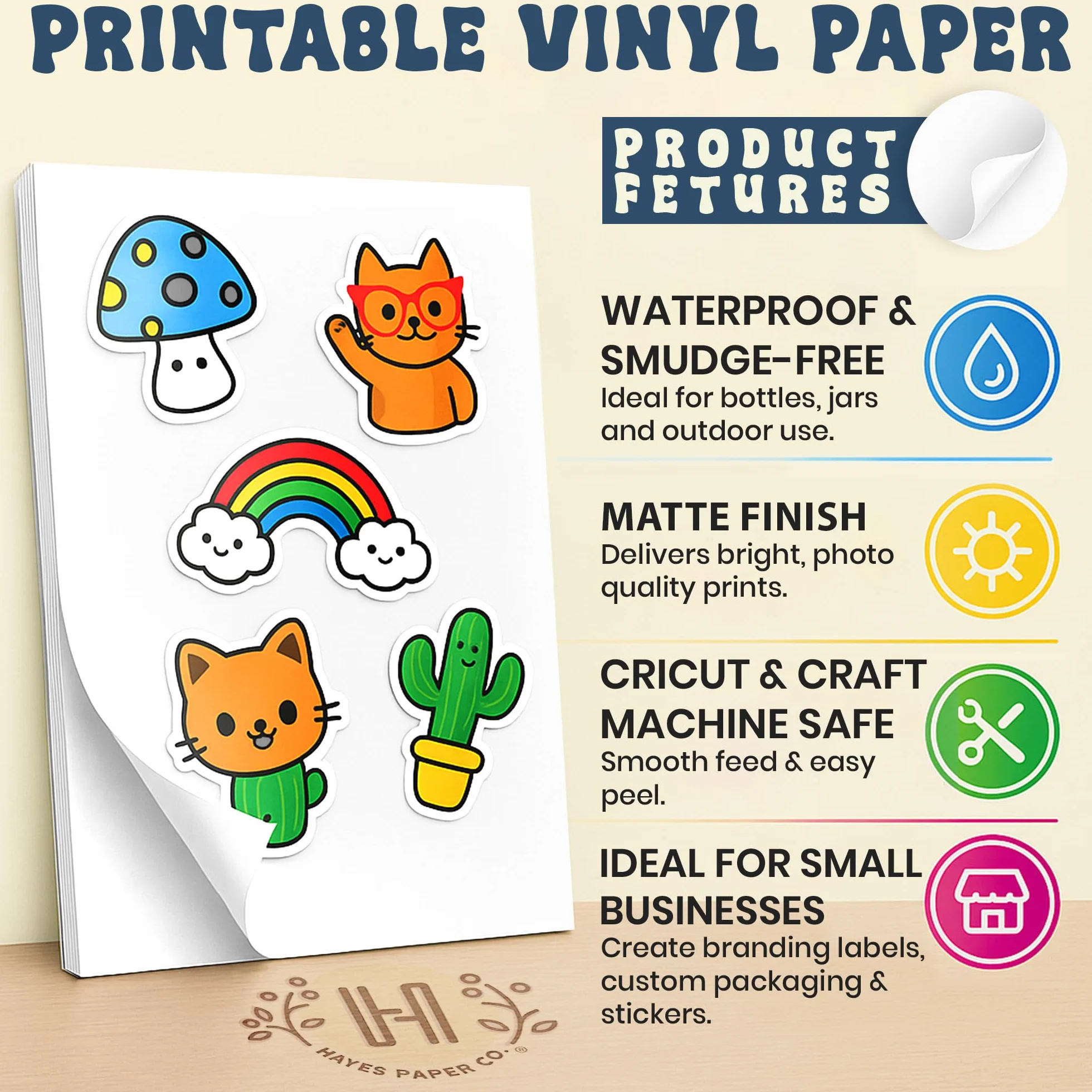 Hayes Paper Co. Papier do naklejek winylowych do drukarki, arkusze naklejek A4 do drukowania, matowy papier do naklejek, wodoodporny papier do drukowania atramentowego w kolorze matowej bieli (15