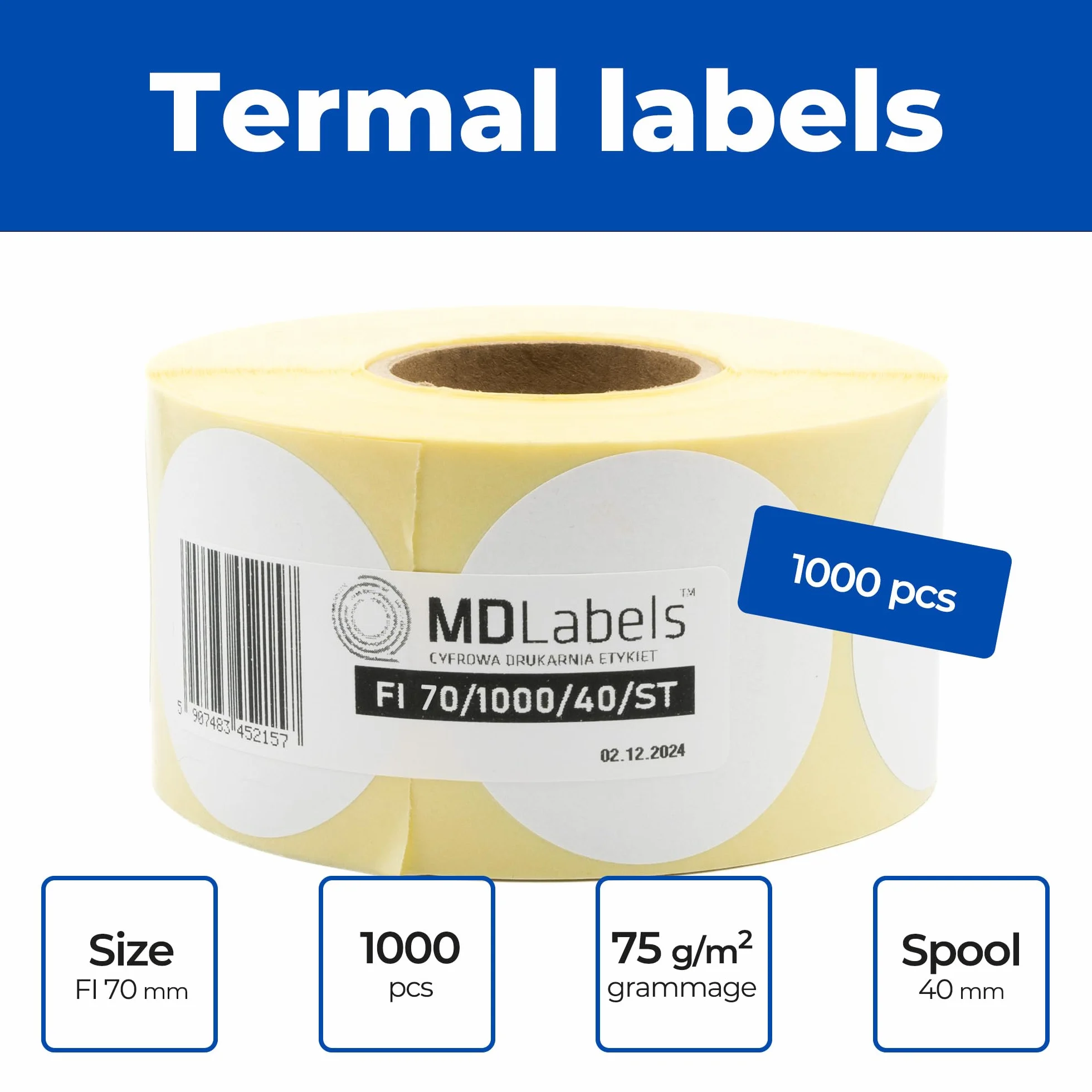 MD Labels Białe etykiety termiczne na rolce fi 70 mm 1000szt, trwale przylegające, do kodów kreskowych, białe etykiety samoprzylepne do opisywania