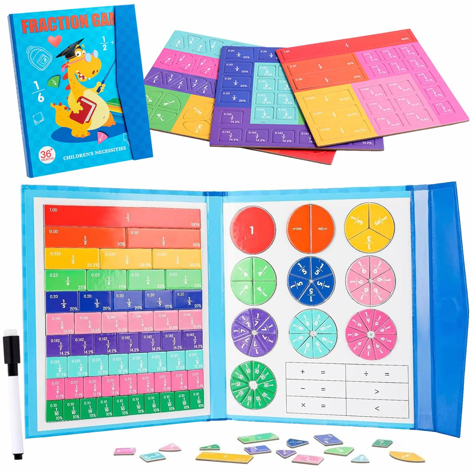 Magnetyczne materiały do liczenia ułamków, materiały do liczenia ułamków Montessori, wielokolorowe nauki liczenia ułamków, paski ułamkowe, Montessori matematyczne zabawki do nauki matematyki ułamkowej